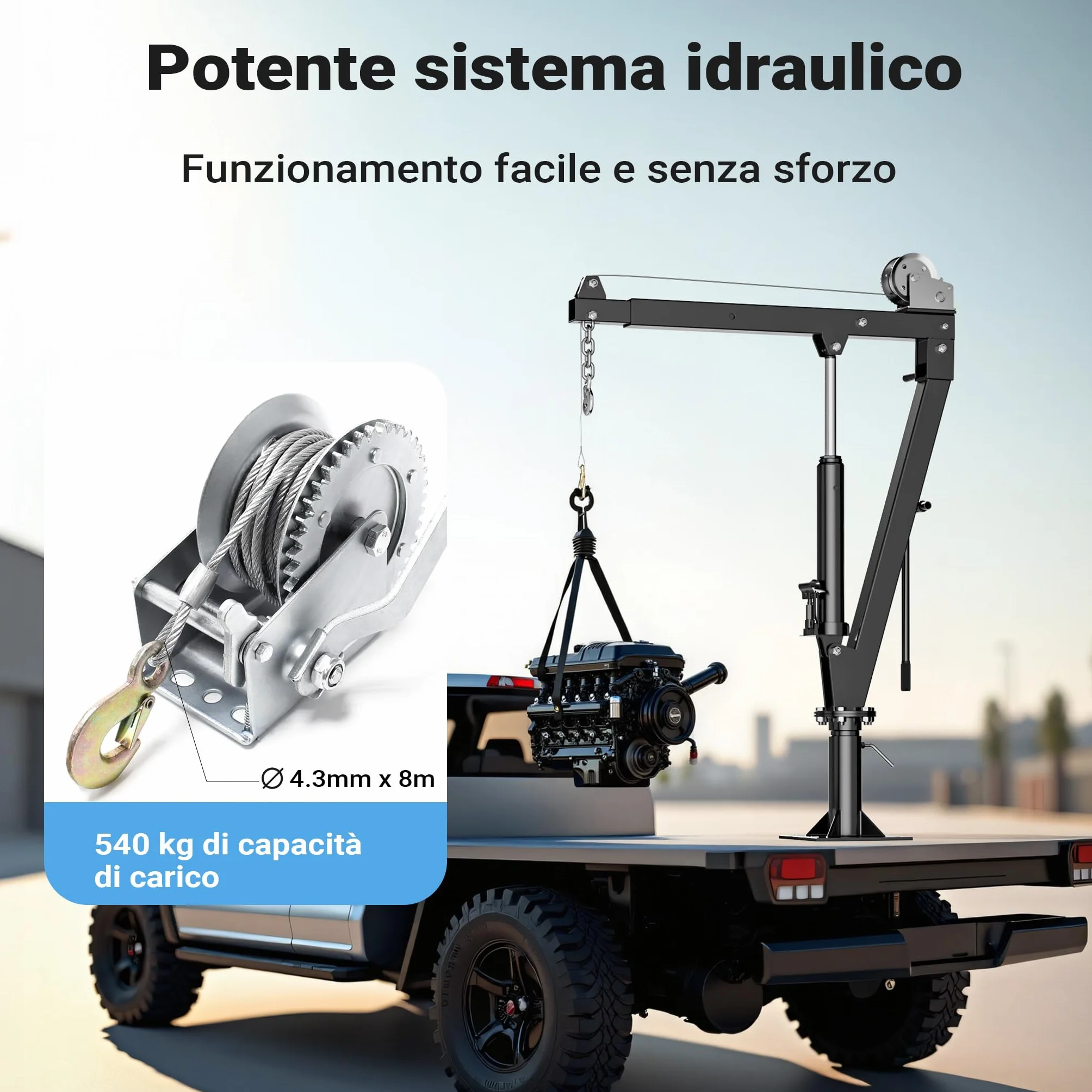 Wiltec Mini gru di sollevamento idraulica con verricello 900 kg 1800 mm girevole 360°