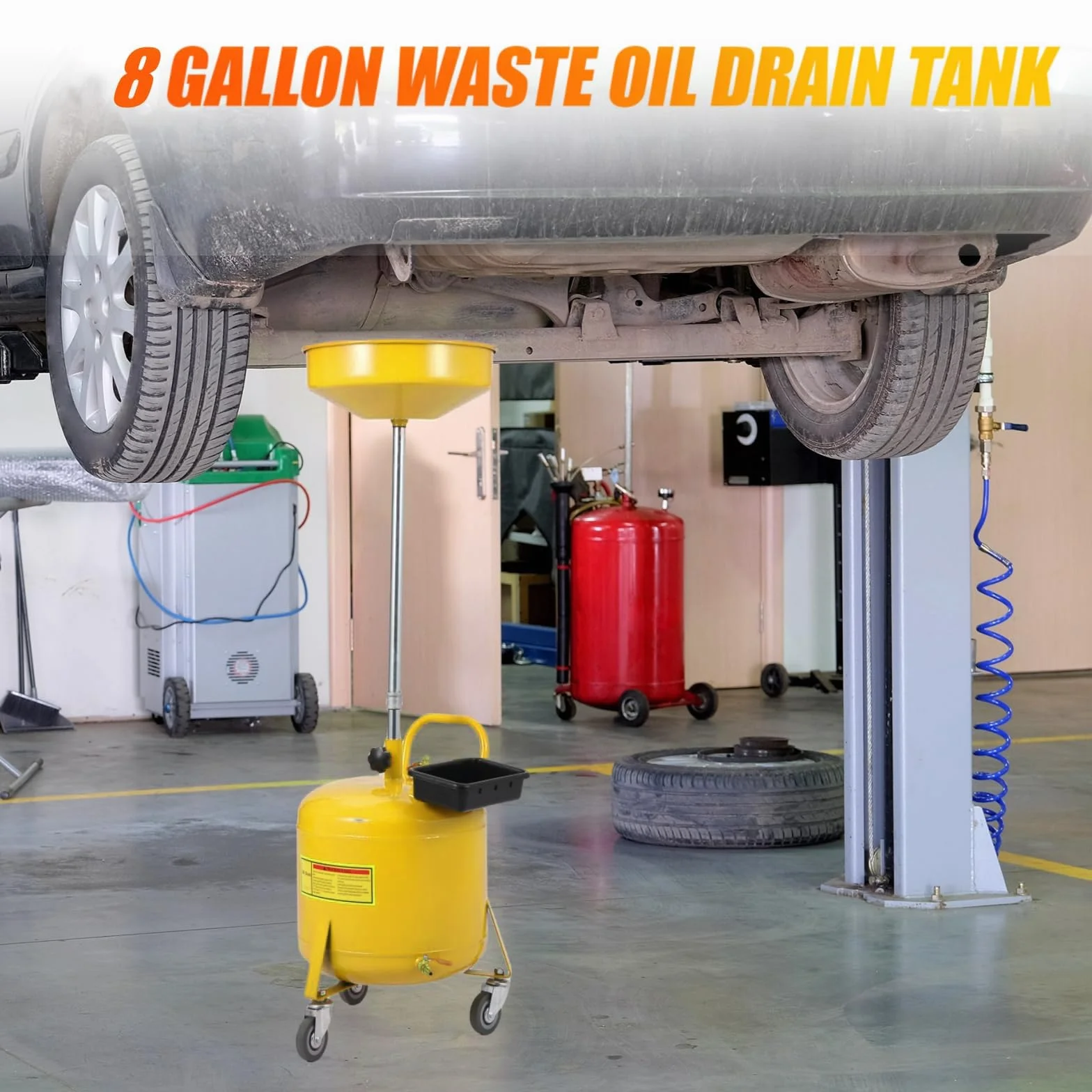 Serbatoio Raccolta Olio esausto 30L per Officina e Garage - Portatile con Ruote - Funzionamento Pneumatico - Altezza Regolabile 71-157cm - Imbuto Largo - Giallo