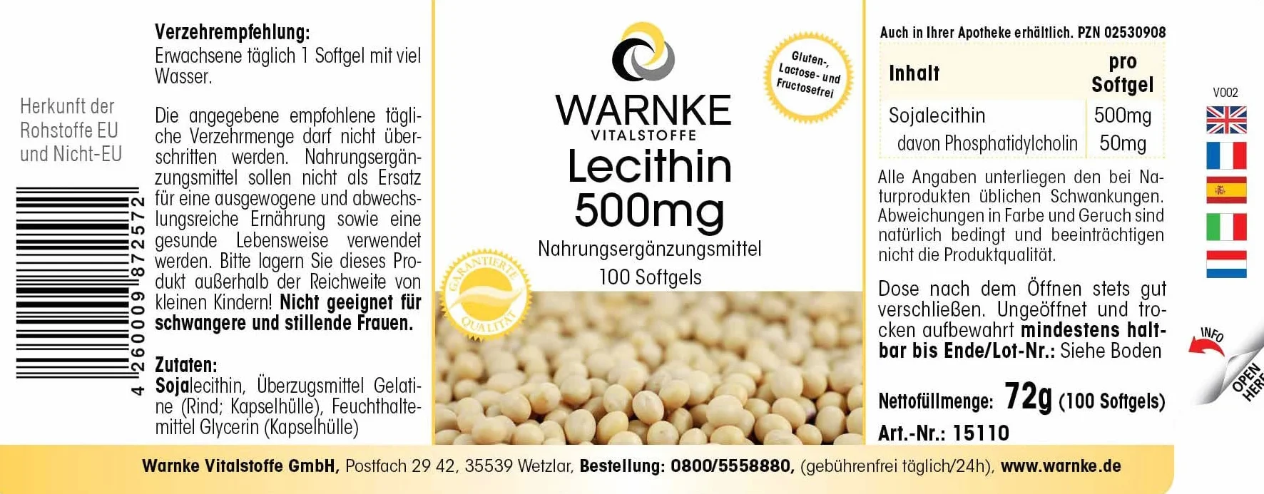Lecitina di soia capsule molli 500mg - No OGM - 100 Softgels - Warnke Vitalstoffe