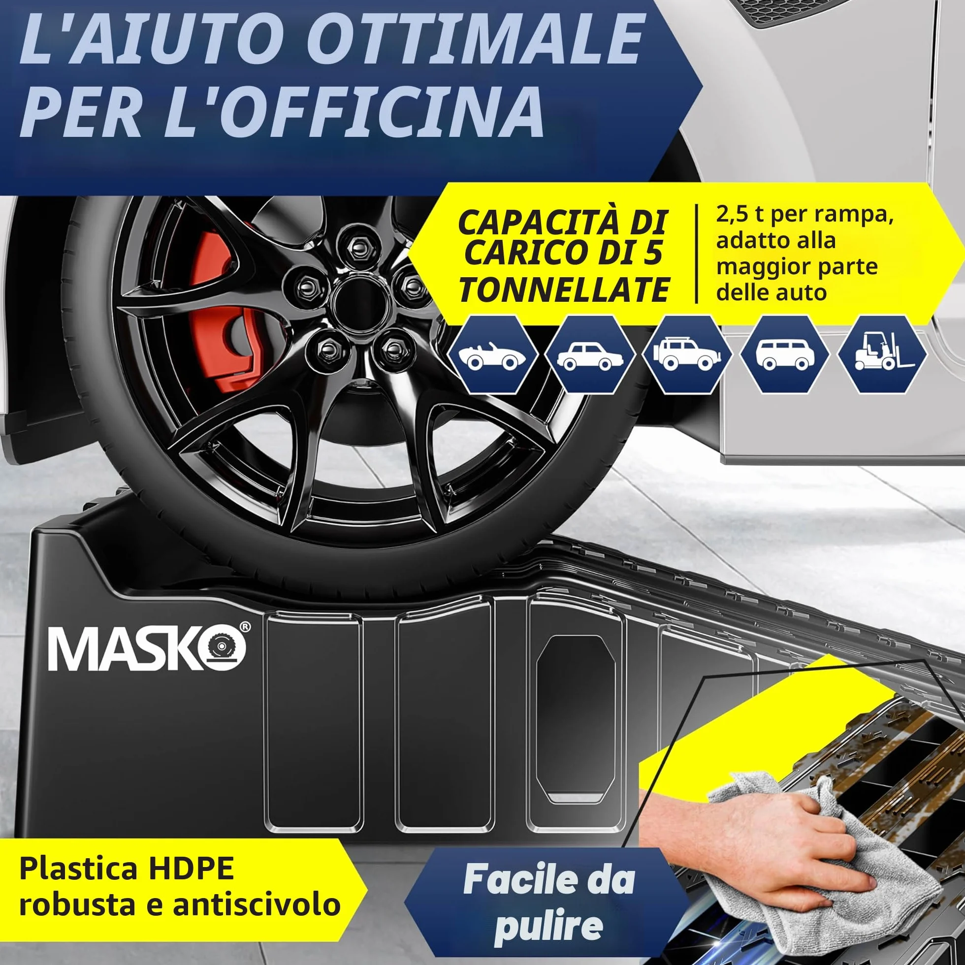MASKO® Set di 2 Rampe di Carico fino a 5 Tonnellate di Capacità di Caric, Rampa Auto con Protezione Anti-Tip, Antisdrucciolo, Stabile, Ramp Extra Larga