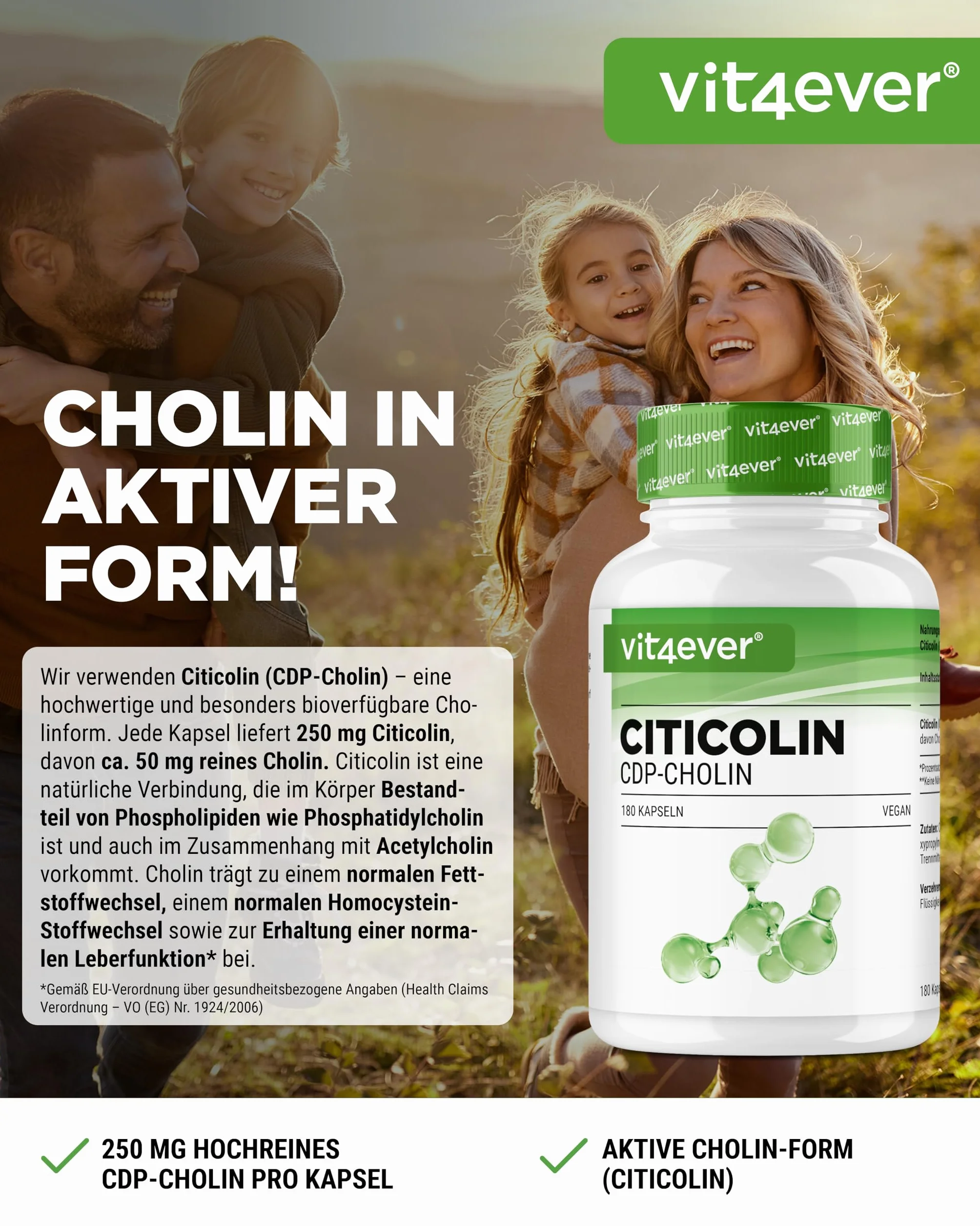 vit4ever CDP Colina (Citicolina) 250 mg - 180 Capsule - Alto Dosaggio e Forma Bioattiva di Colina - Vegano