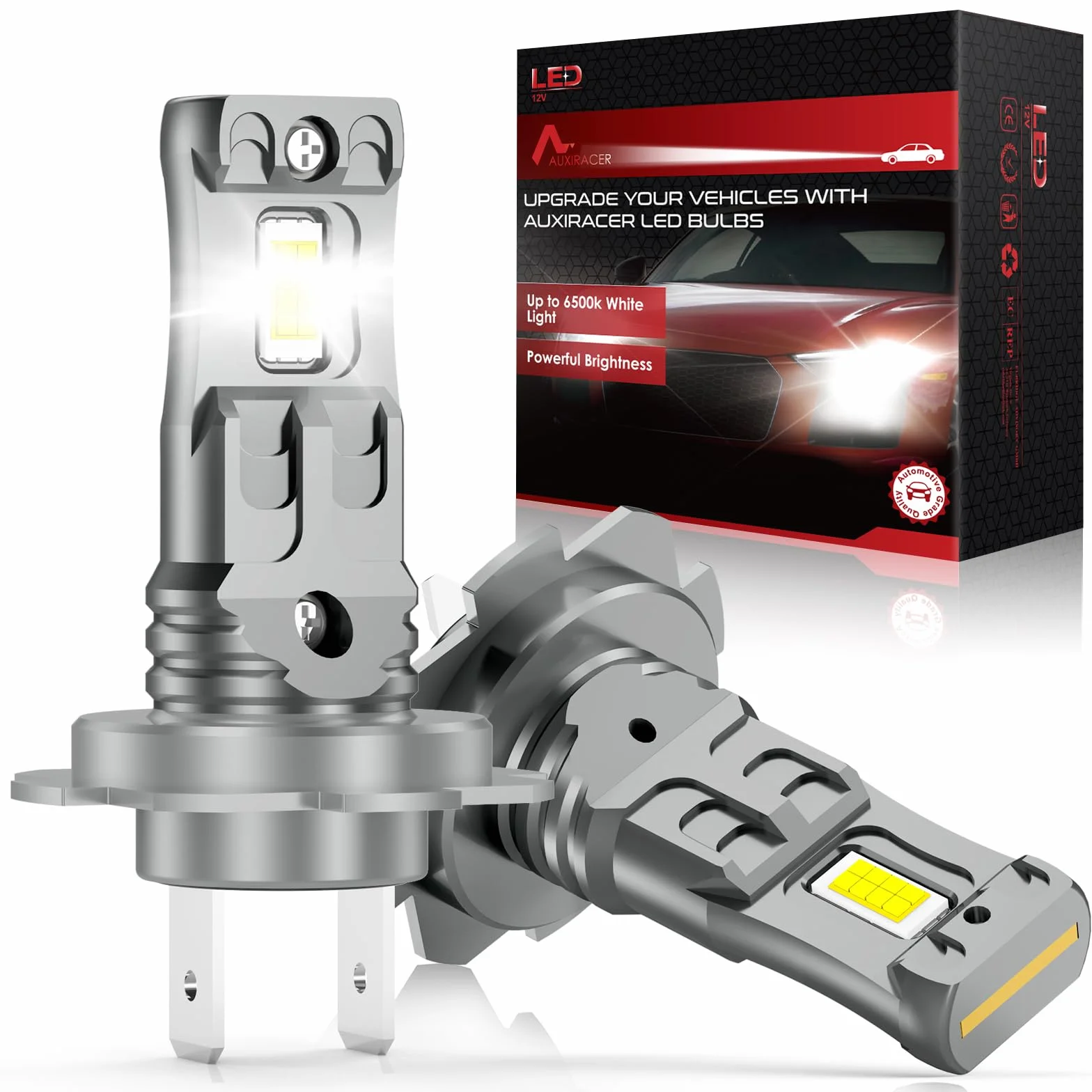 Lampadina H7 LED AUXIRACER 6500K 600% 12V 100W Auto, Abbagliante e Anabbagliante, Sostituzione Alogeni e Xeno (2 Pezzi)
