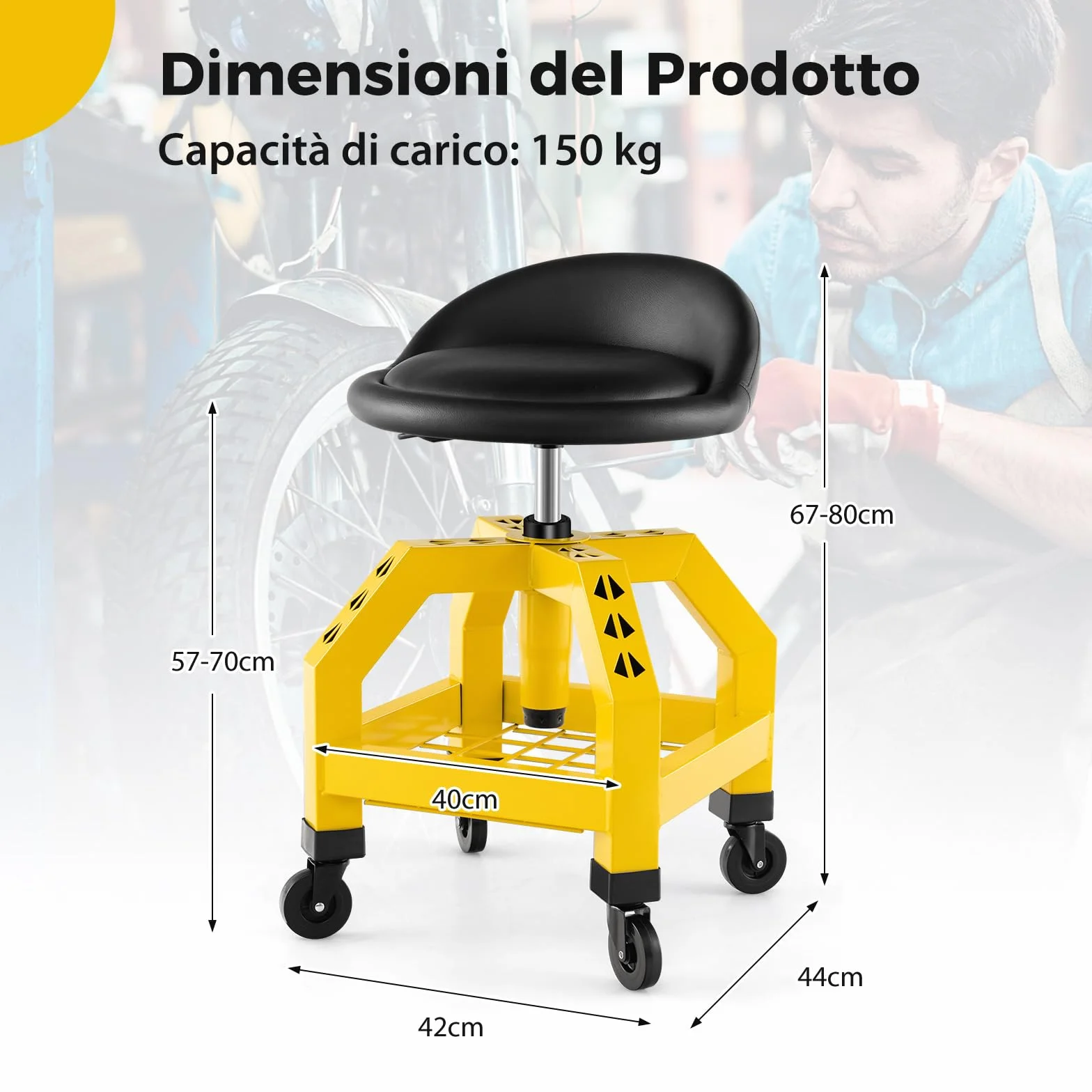 COSTWAY Sgabello da Officina, Sgabello Meccanico Rotante con Vassoio Porta Attrezzi, Regolabile in Altezza e 4 Ruote Universali, Capacità di 150 kg, per Garage, Officina (Giallo)