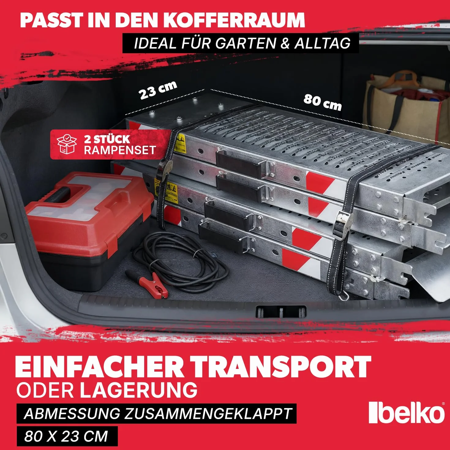 Belko® 2 rampe di carico pieghevoli, portata 400 kg, 168 x 23 cm, pieghevoli, in acciaio zincato, antiscivolo, perforate, per auto, moto, quad, ATV, rimorchio, rampa di carico