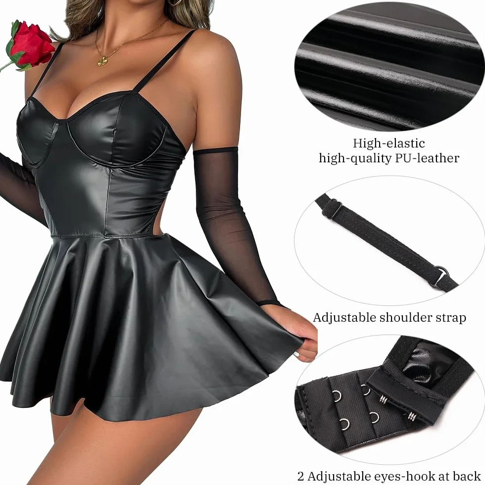 Sexy Donna Abito Corto in Pelle Linea A Vestito Mini Nero Latex Dress Wetlook Scollo V Lingerie PVC Pigiami da Notte Abito Senza Maniche per Halloween Natale Discoteca Clubwear S-XL