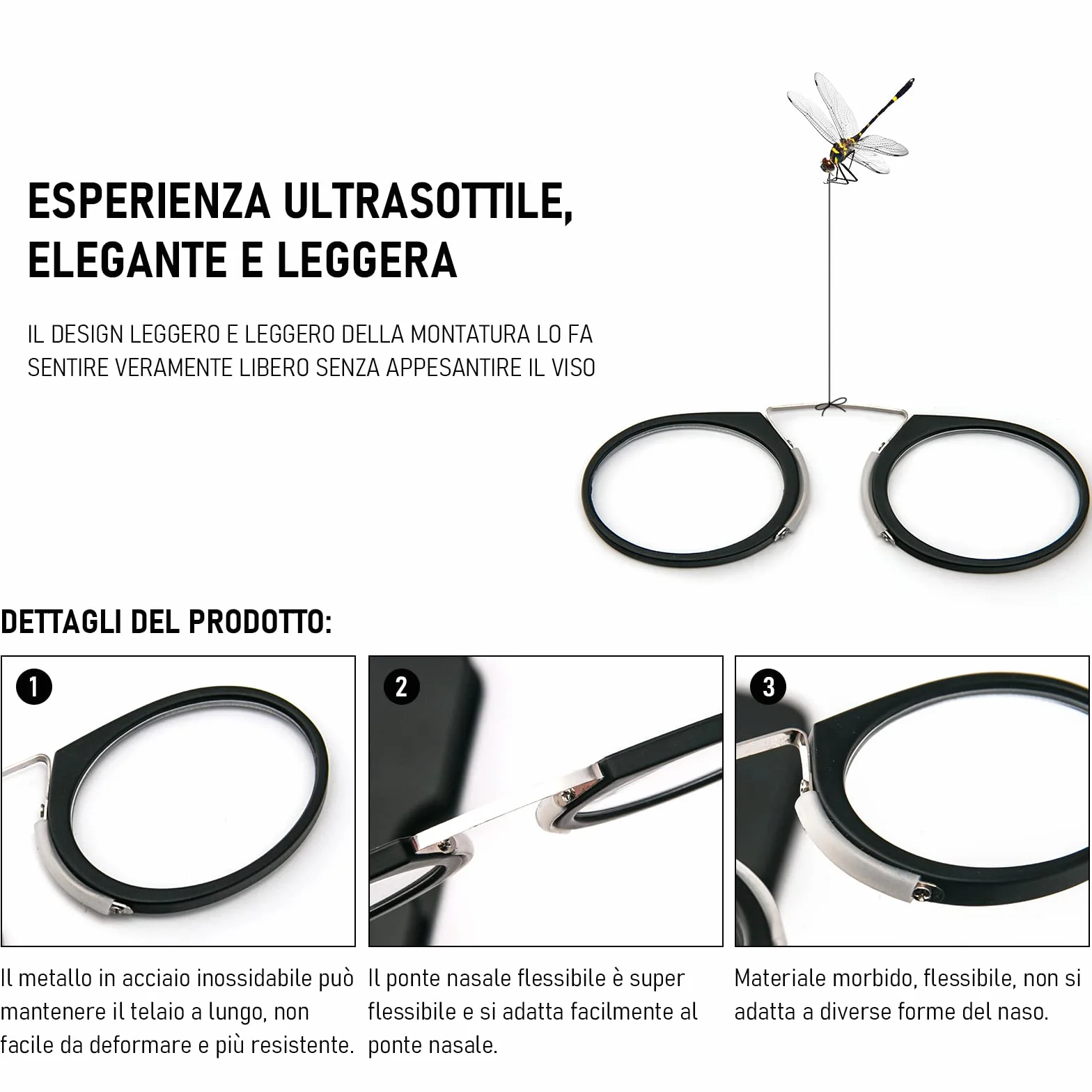 Occhiali da Lettura 2.0 Mini Lettore di Naso a Clip Antiscivolo Flessibili