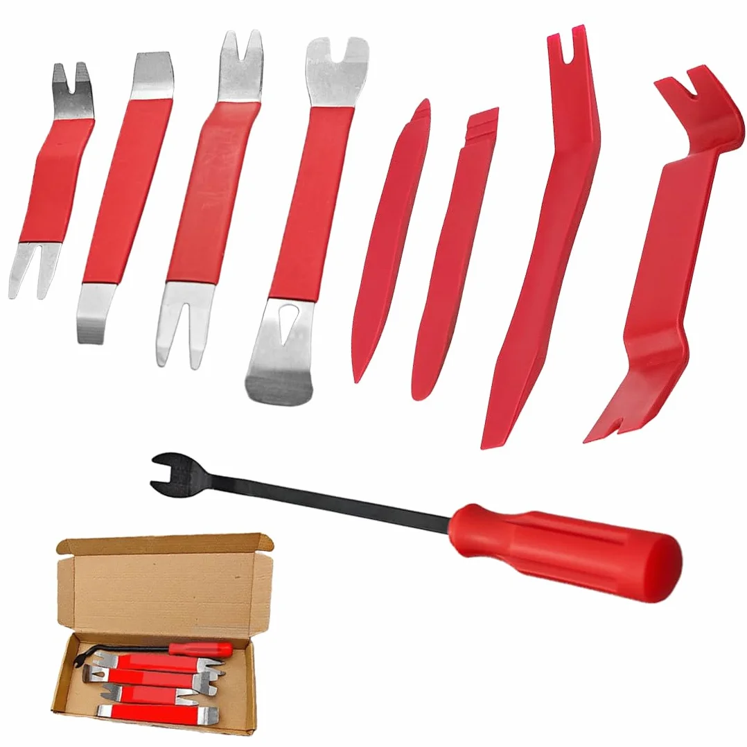 9 Set Smontaggio per Riparazioni Auto 4 Leve di Plastica 5 Cunei in Metallo per Finiture avec Strumento di Leva Attrezzi per Smontare e Installare Finiture Auto Pannelli Porta Radio e Cruscotto