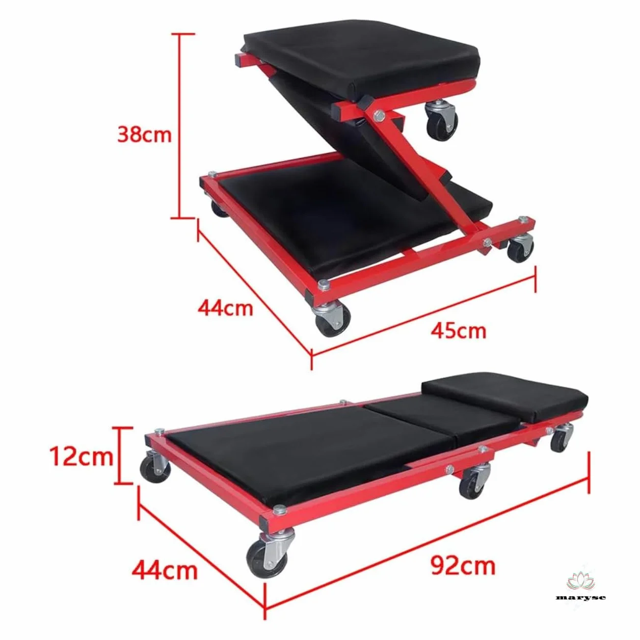 maryse - Lettino Sottoauto e Sgabello a Carrello 2in1 per Officina – Struttura in Acciaio Rinforzato, Ruote Silenziose, Max 150 kg, Comfort Imbottito e Design Pieghevole