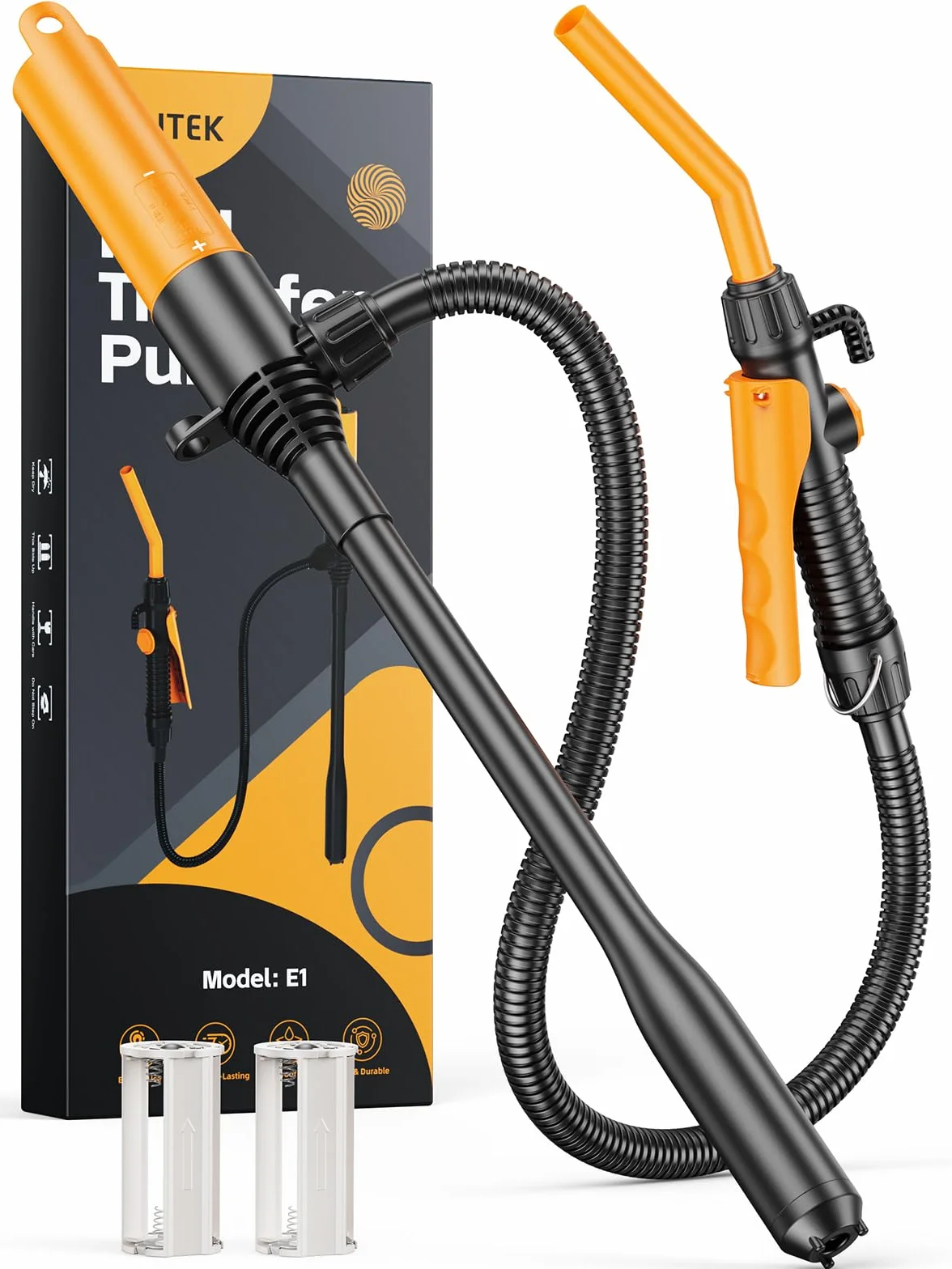 E1 Pompa Benzina, Pompa Carburante Manuale, Diesel a Batteria, 2,6 GMP, Aspirazione Portatile con Flusso Controllato e Tubo Flessibile a Prova di Perdite da 59 Pollici per Benzina, Diesel e Acqua