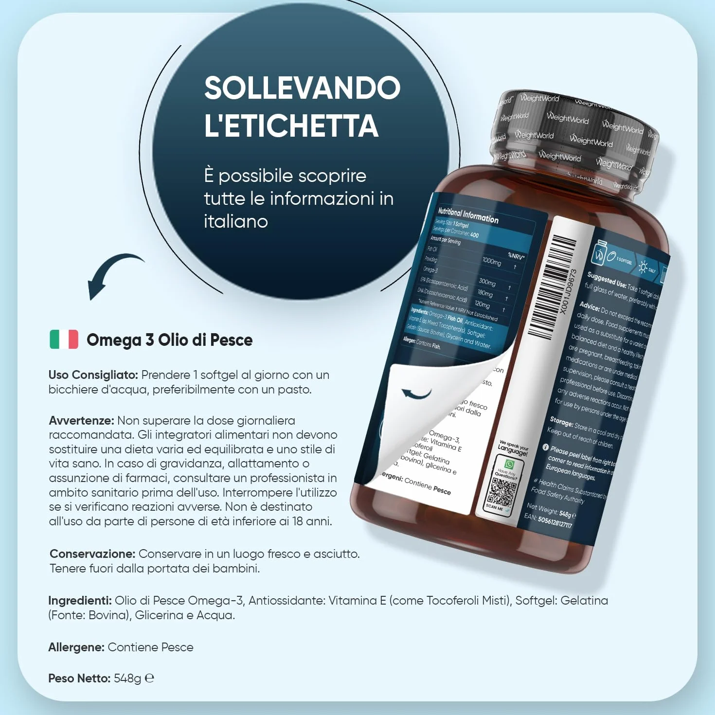 Omega 3 Olio di Pesce 1000mg EPA DHA 400 Softgel Acidi Grassi Essenziali