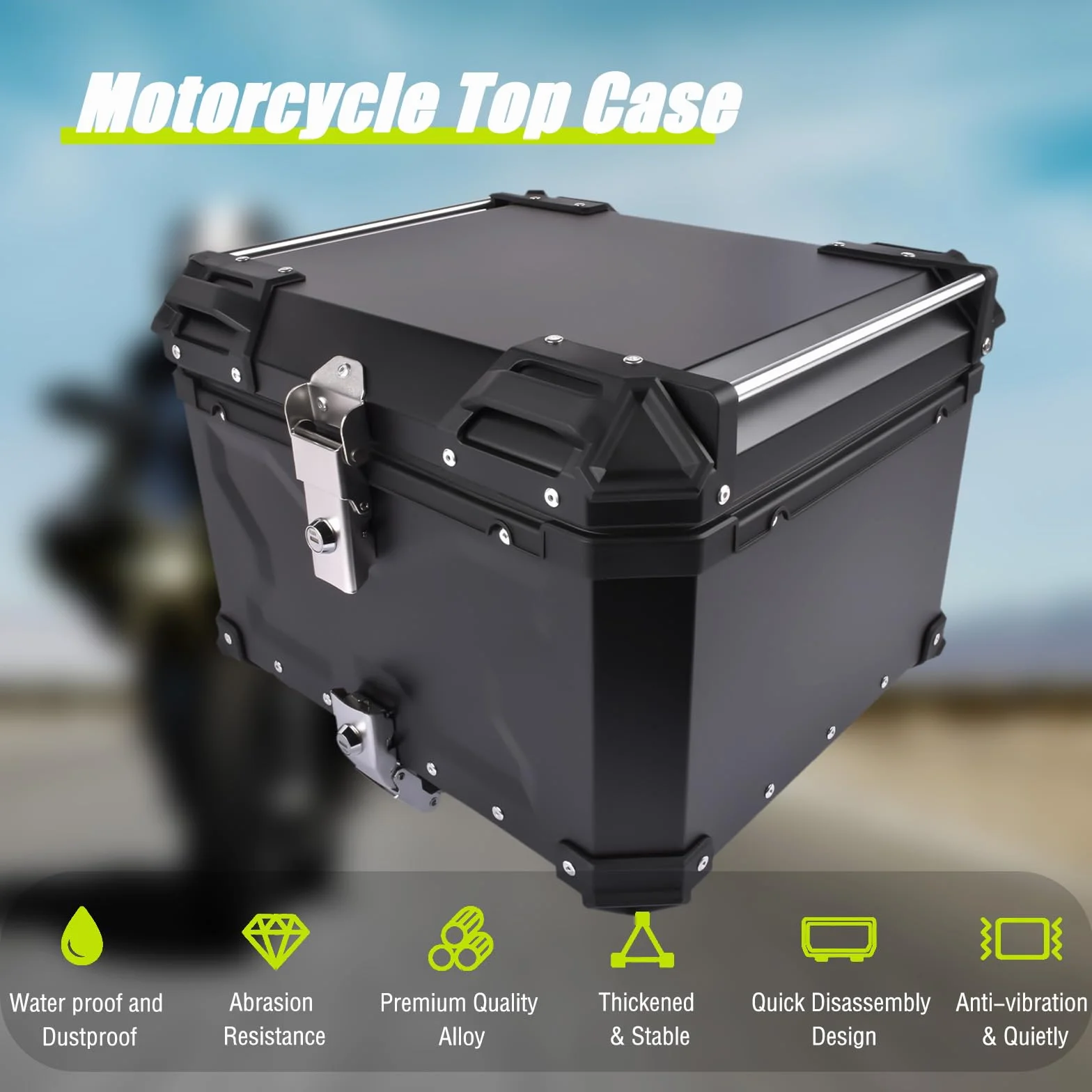 Bisenya Bauletto posteriore per moto, 55 l, in alluminio, da viaggio, con serratura di sicurezza, per casco, impermeabile, top box (nero)