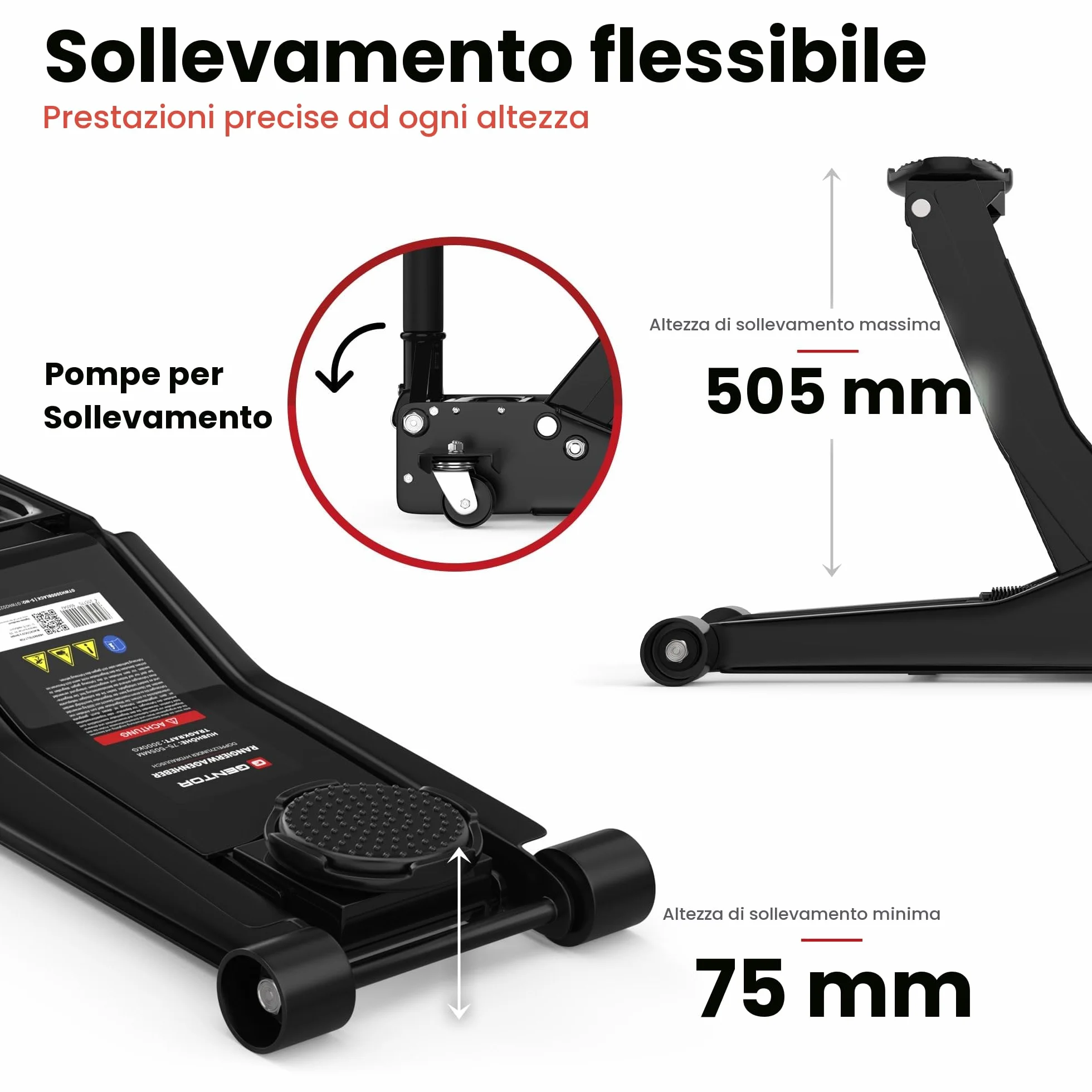 Cric Idraulico 3T 75 505 mm Professionale Auto SUV Sollevatore Pesante Ruote 360° Nero
