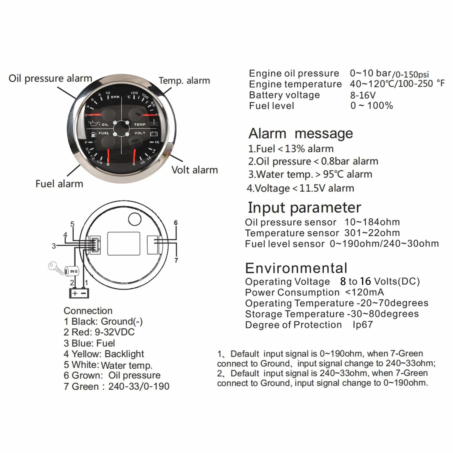 Misuratore di Livello Multifunzionale 4 in 1, Voltmetro Universale DC 9‑32 V 85 Mm Temperatura Acqua Marina Livello Carburante Pressione Olio con Retroilluminazione per Yacht Barca (Nero °C/Bar)