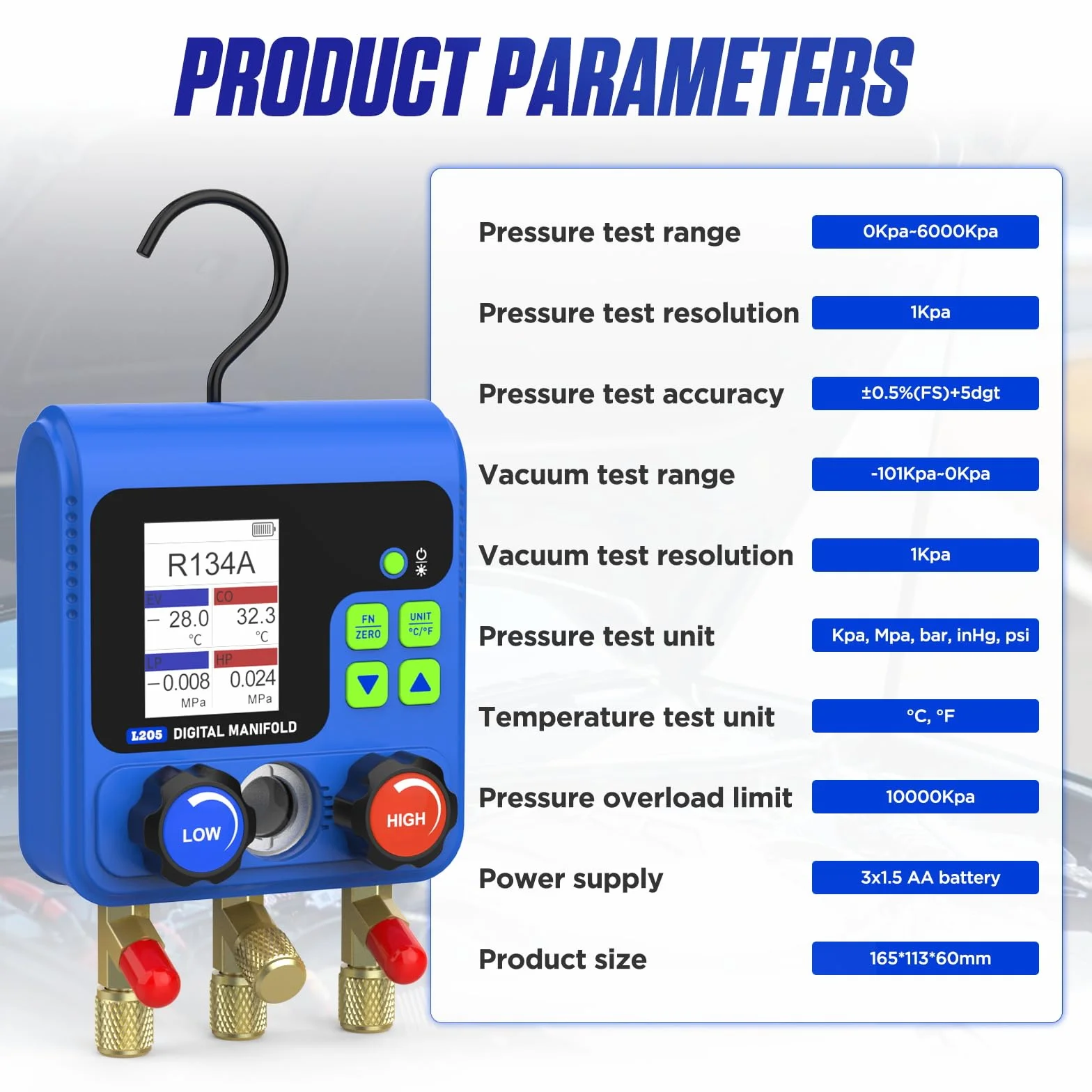 PLAYOCCAR HVAC Indicatori 92 tipi di kit di manometri digitali del refrigerante con TFT LCD, doppio test di pressione,Kit di ricarica del refrigerante Manometro per aria condizionata sottovuoto