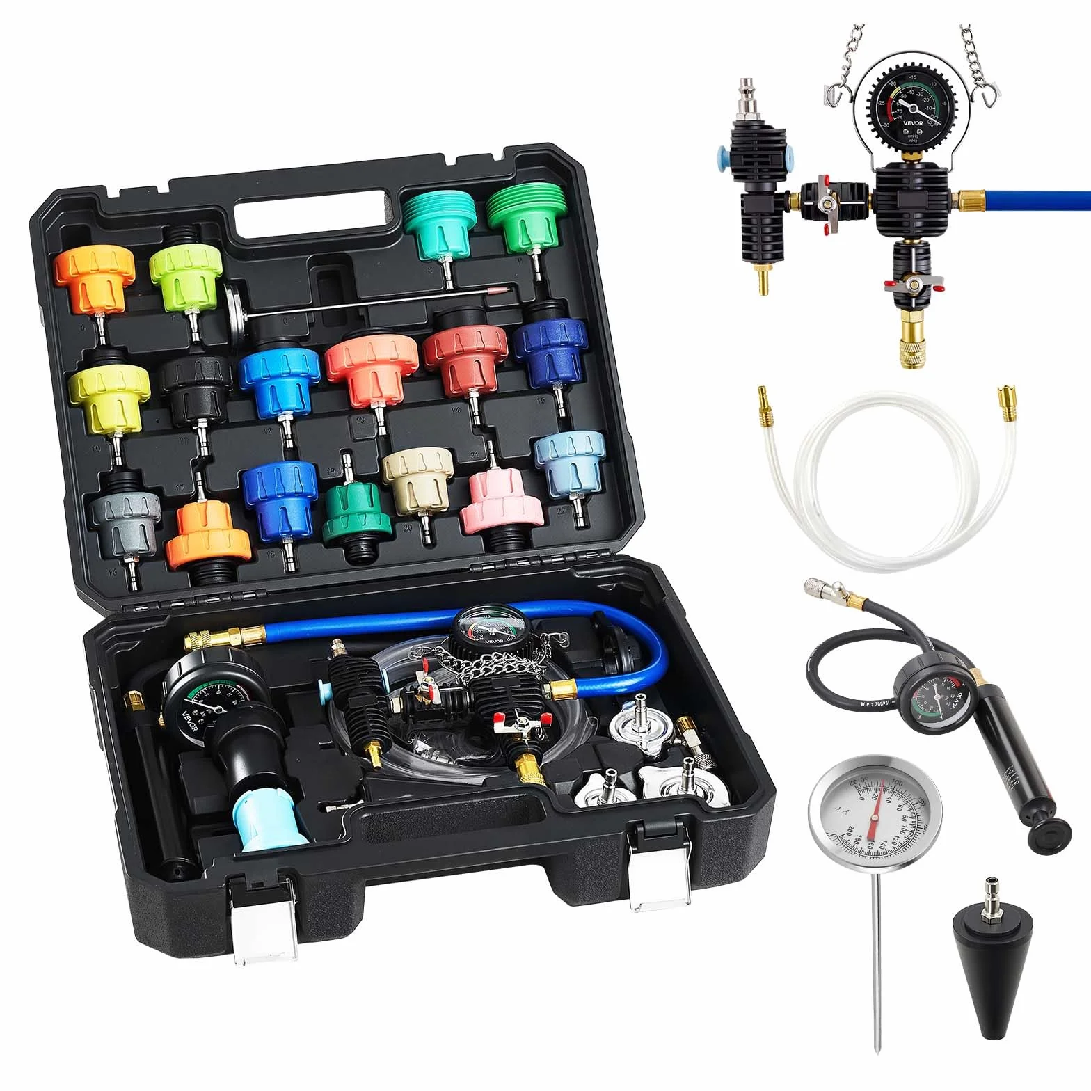 VEVOR Kit di Tester Manometri per Sistema di Raffreddamento da 47 Pezzi, Kit per Prova di Pressione del Radiatore con 3 Adattatori in Metallo, Misura Universale, Strumento di Prova per Autoveicoli