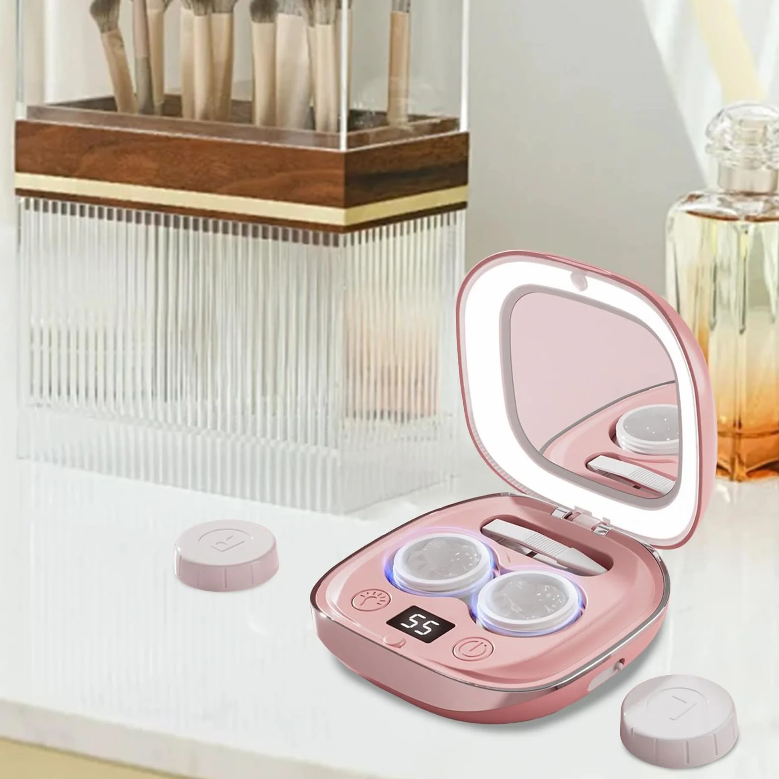 Astuccio per Pulire Lenti a Contatto Portatile con Specchio e LED - Dispositivo di Pulizia per Igiene Visiva