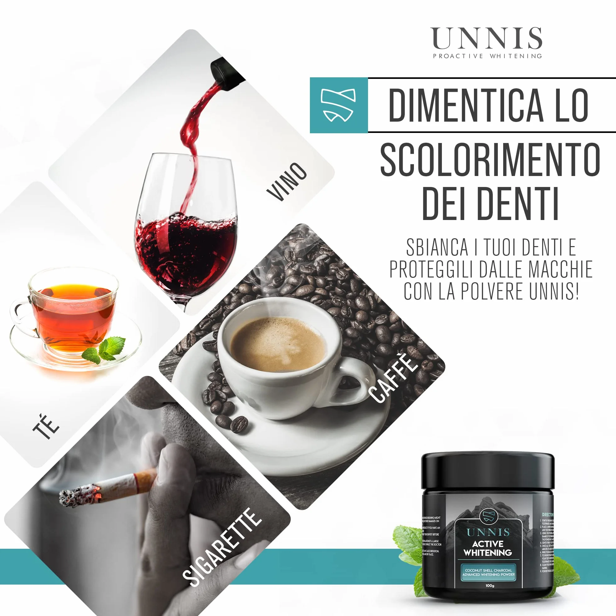 Polvere Sbiancante al Carbone per Denti, 100 g, Sbiancamento Naturale, Detox