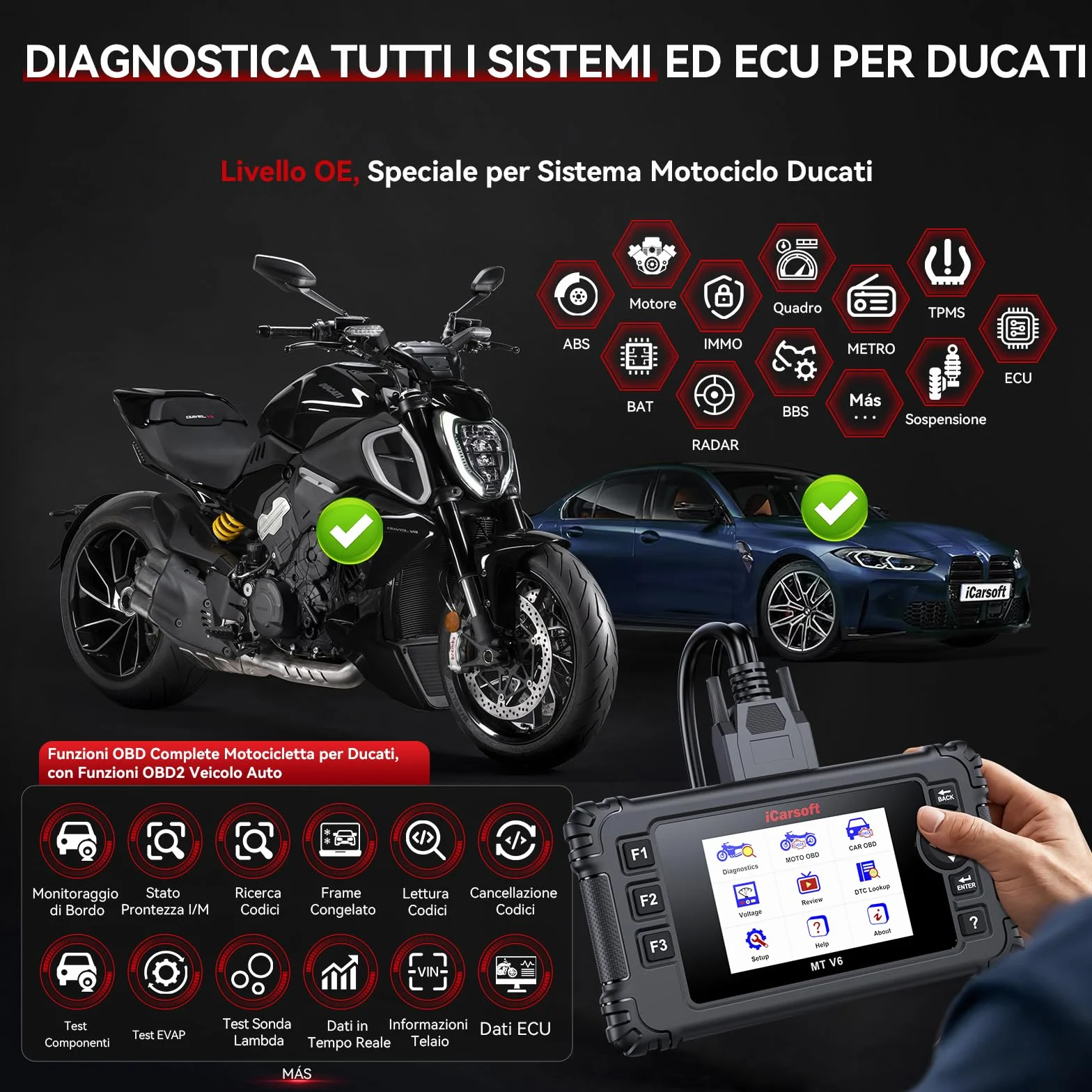 iCarsoft MT V6 Strumento diagnostico moto Ducati scanner 101 test attivi 85 servizi manutenzione lettura codici test batteria