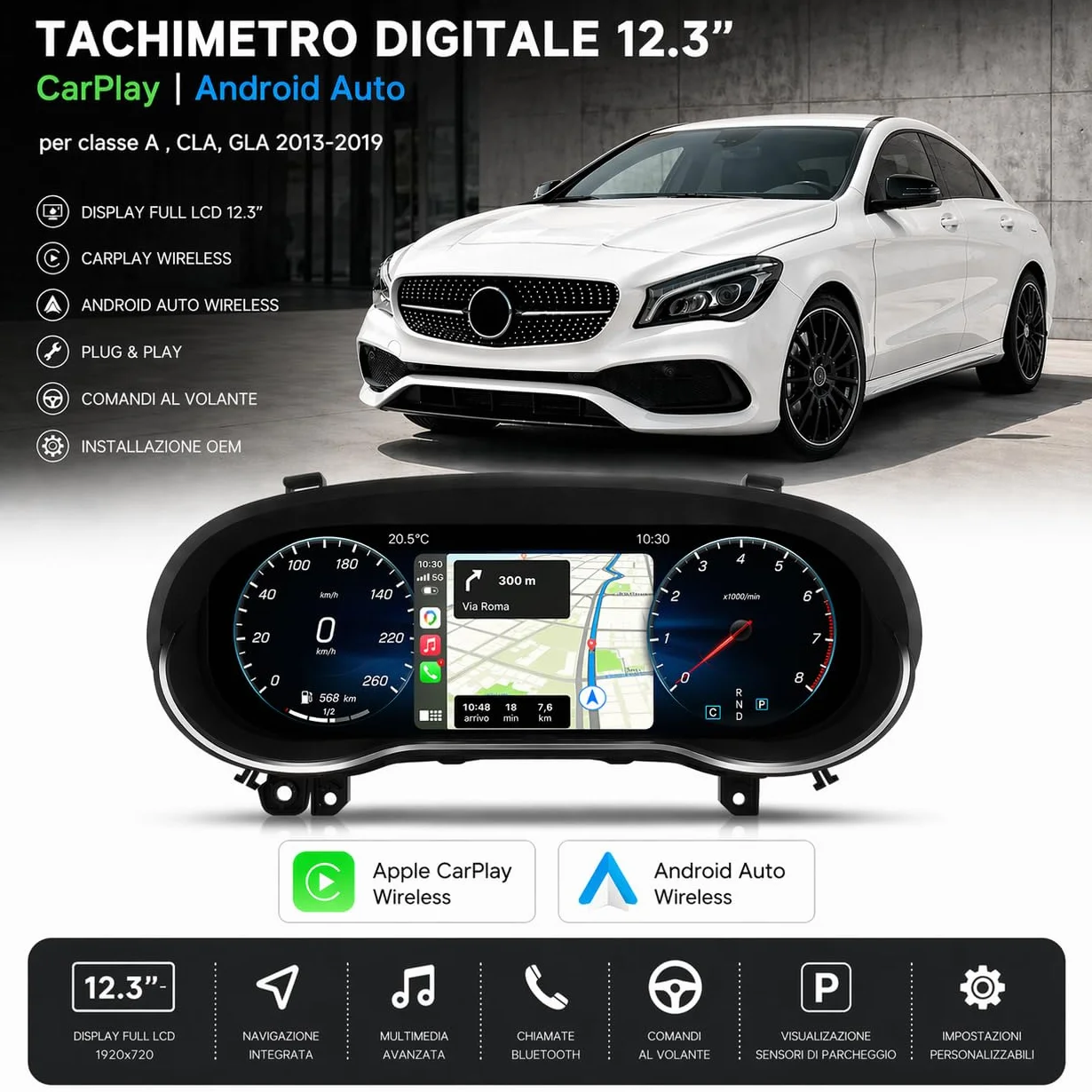 VIBEX Quadro Strumenti Tachimetro Digitale 12.3" per Mercedes Classe A W176 CLA C117 GLA X156 2013-2019 Apple CarPlay Android Auto Wireless Navigazione Plug & Play Installazione OEM