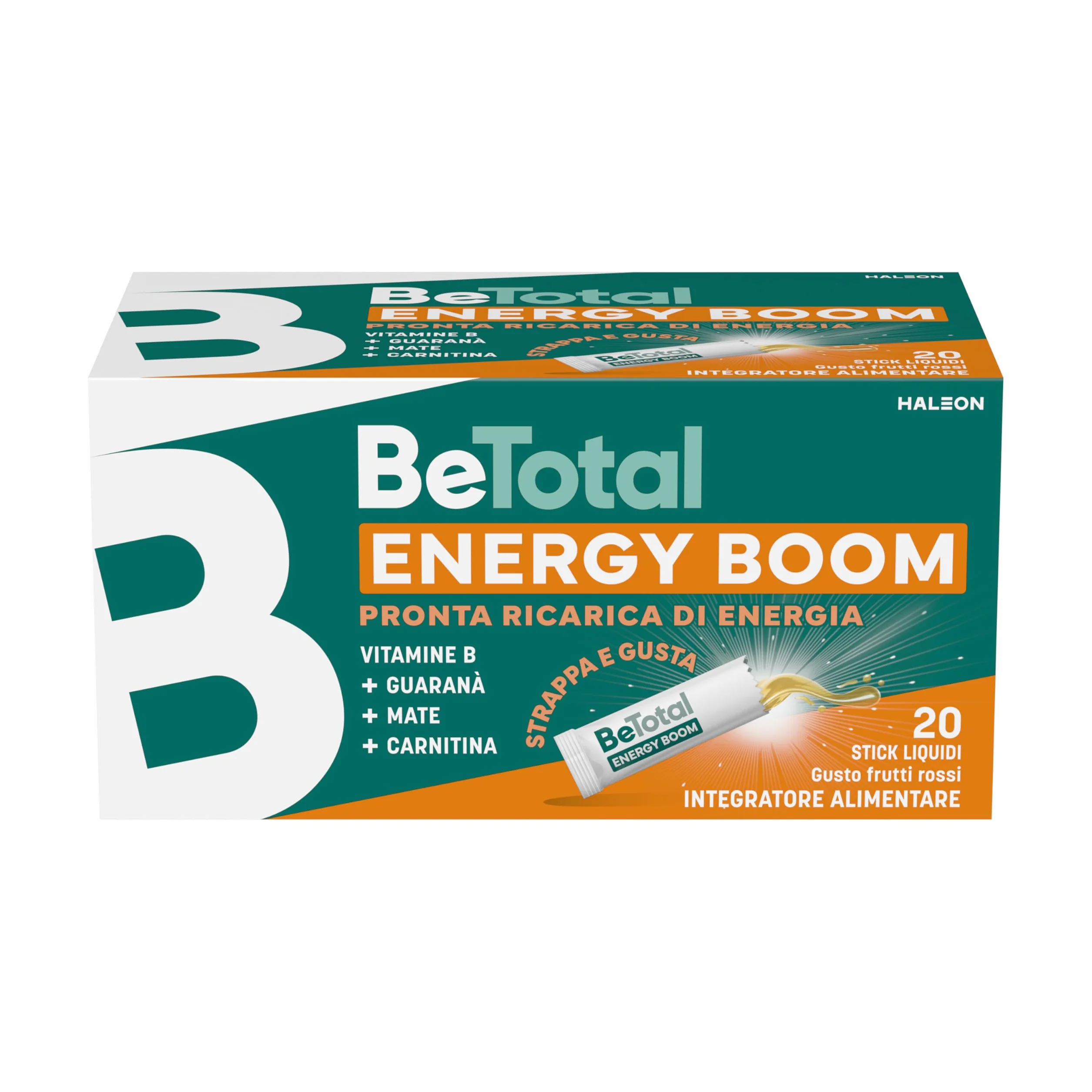 Betotal Energy Boom Integratore Alimentare con Vitamine B, Guaranà, Mate e Carnitina, Gusto Frutti Rossi, 20 stick liquidi