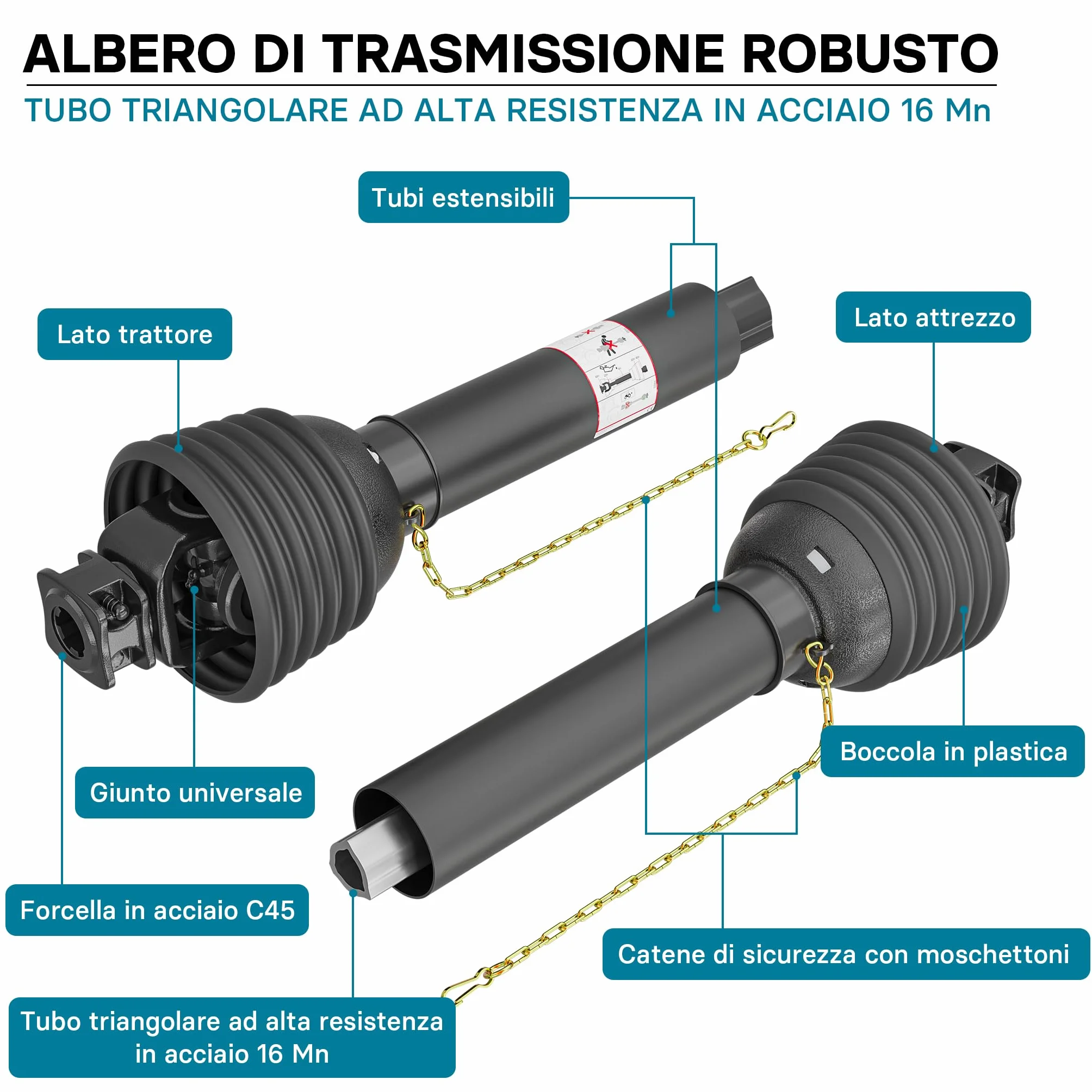 Wiltec Albero cardanico T8 Giunto cardanico 1500-1650mm 1240Nm 540rpm Cardano 110kW 150CV 2X 1 3/8" 6 Denti