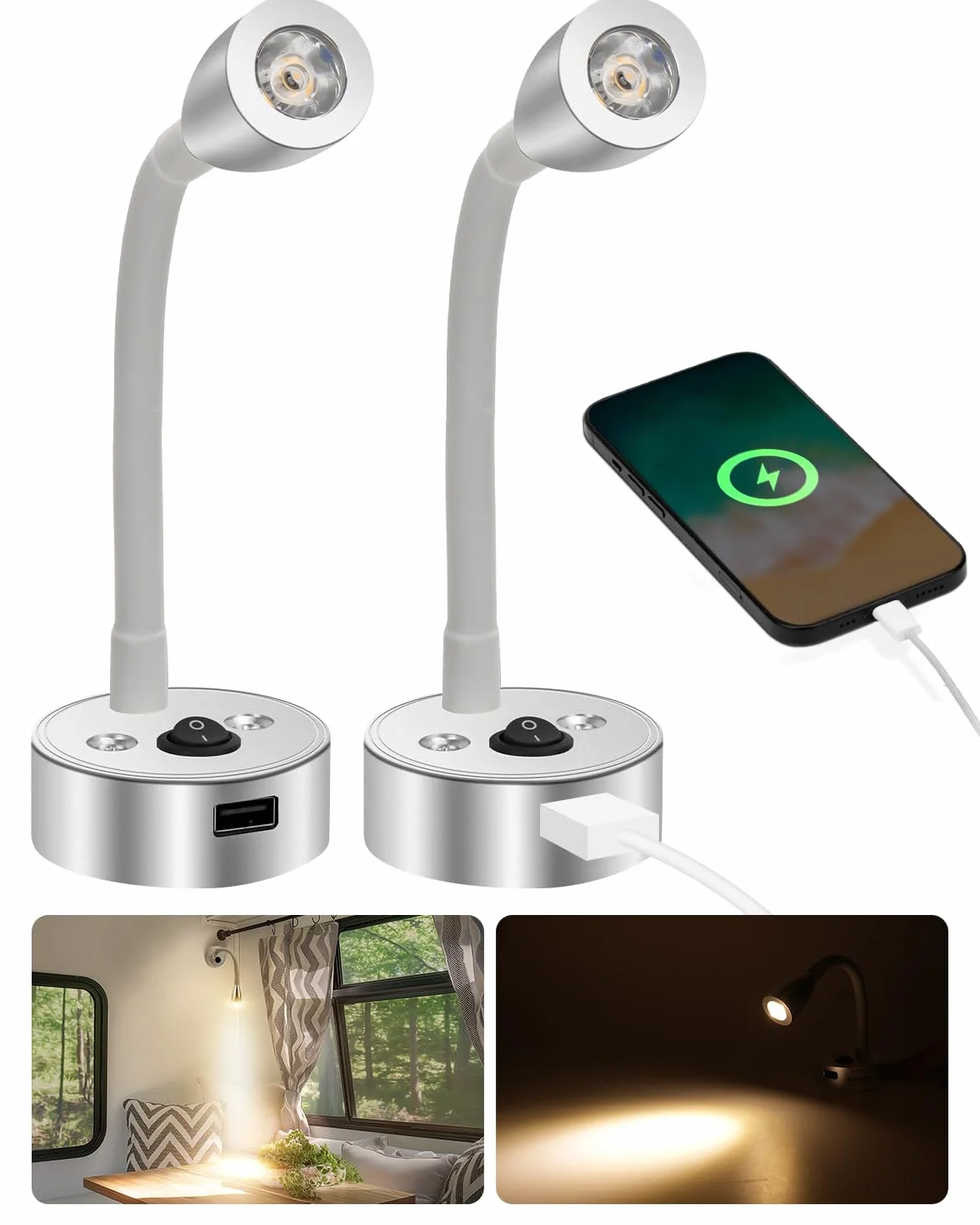 SUPAREE Luce da lettura a LED 12 V 3000 K con porta USB e collo d'oca flessibile 2 pezzi
