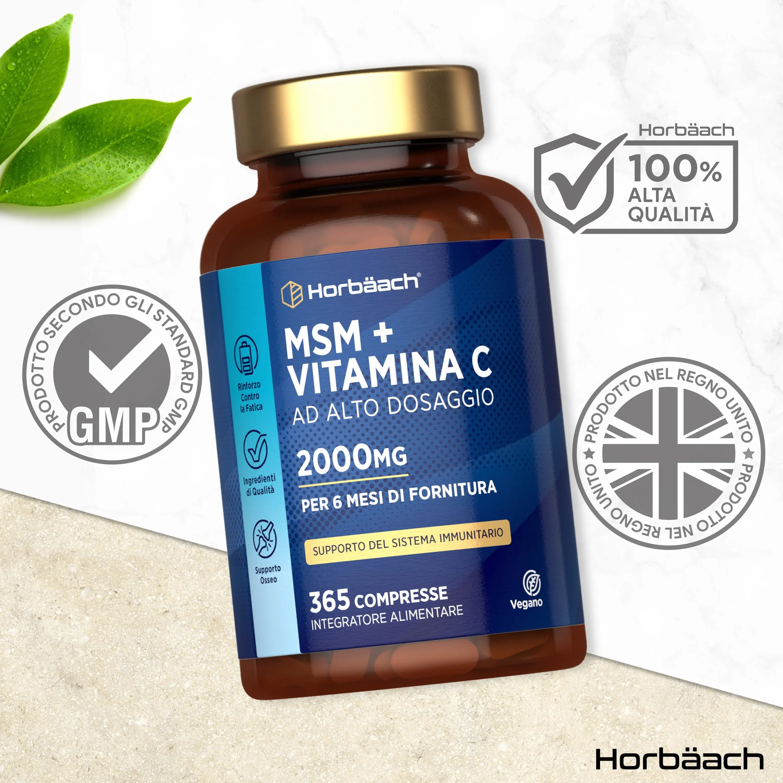 Horbaach MSM 2000mg con Vitamina C 365 Compresse Vegane Metilsulfonilmetano Acido Ascorbico Alto Dosaggio
