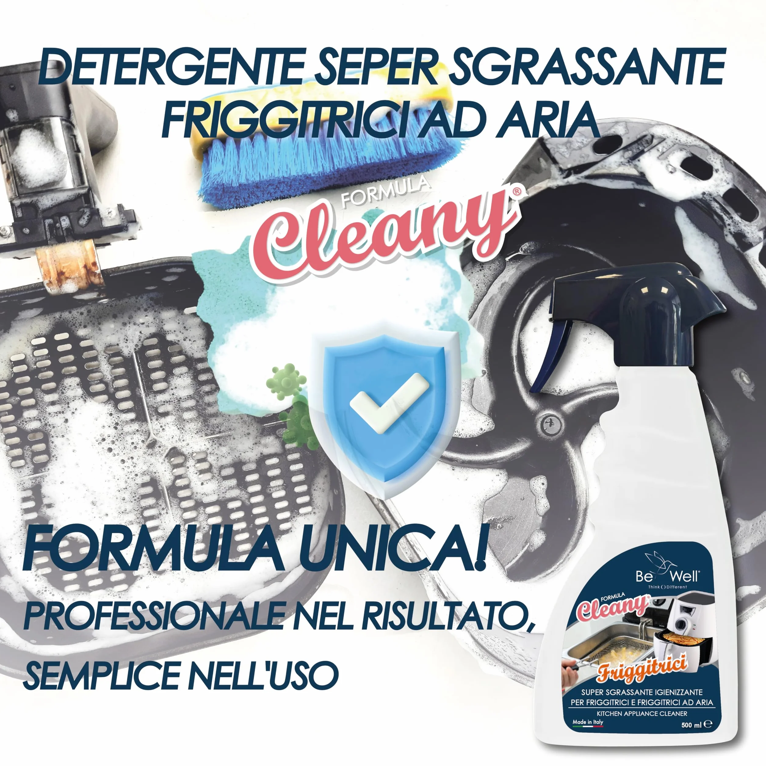 CLEANY Detergente Professionale Spray per Friggitrici, Sgrassante Igienizzante, 500 ml, Made in Italy
