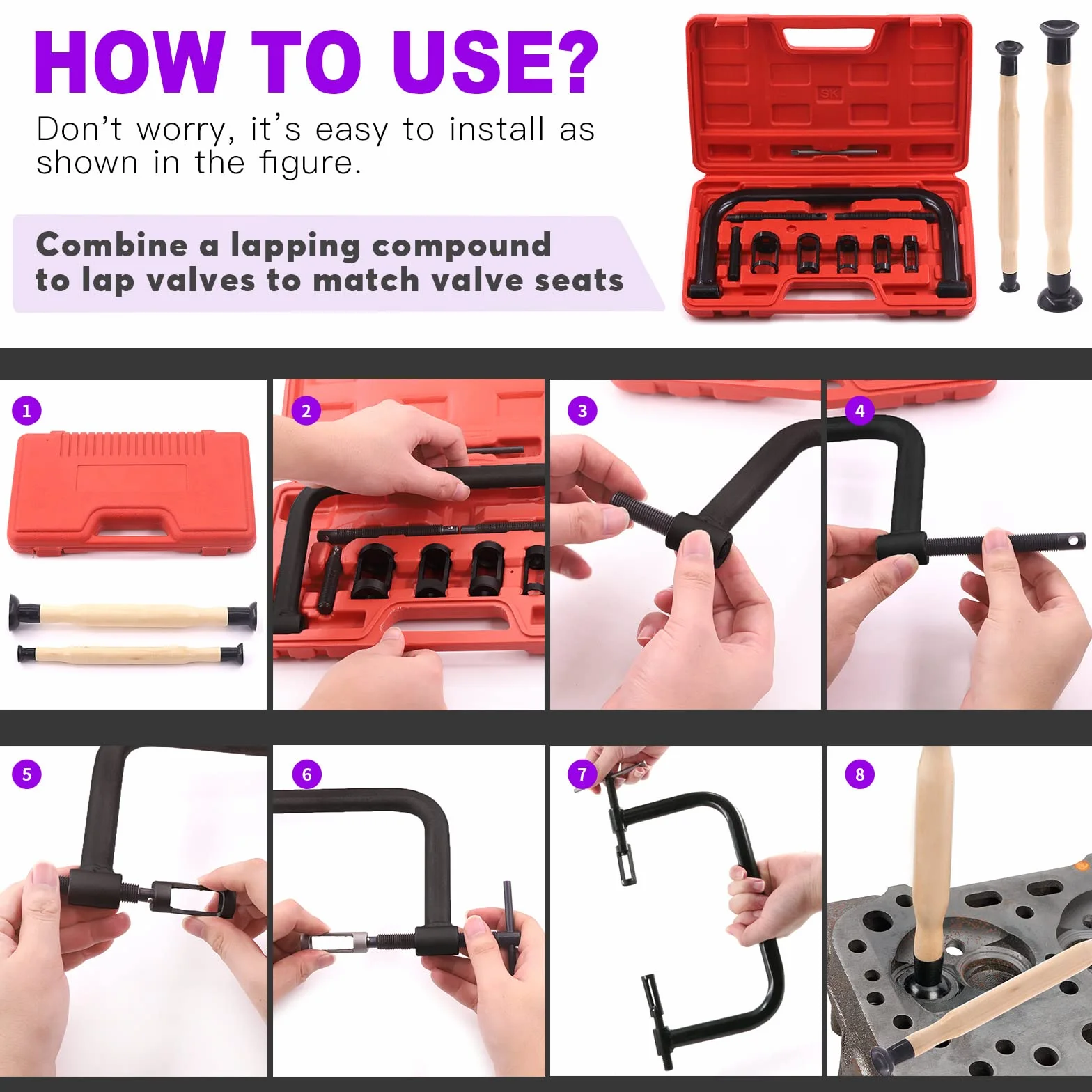 Swpeet Kit assortito di 13 attrezzi per compressore a molla per valvola, include 5 adattatori pusher, viti di estensione, set di valvole e barra di compressione per moto, auto e piccoli veicoli a