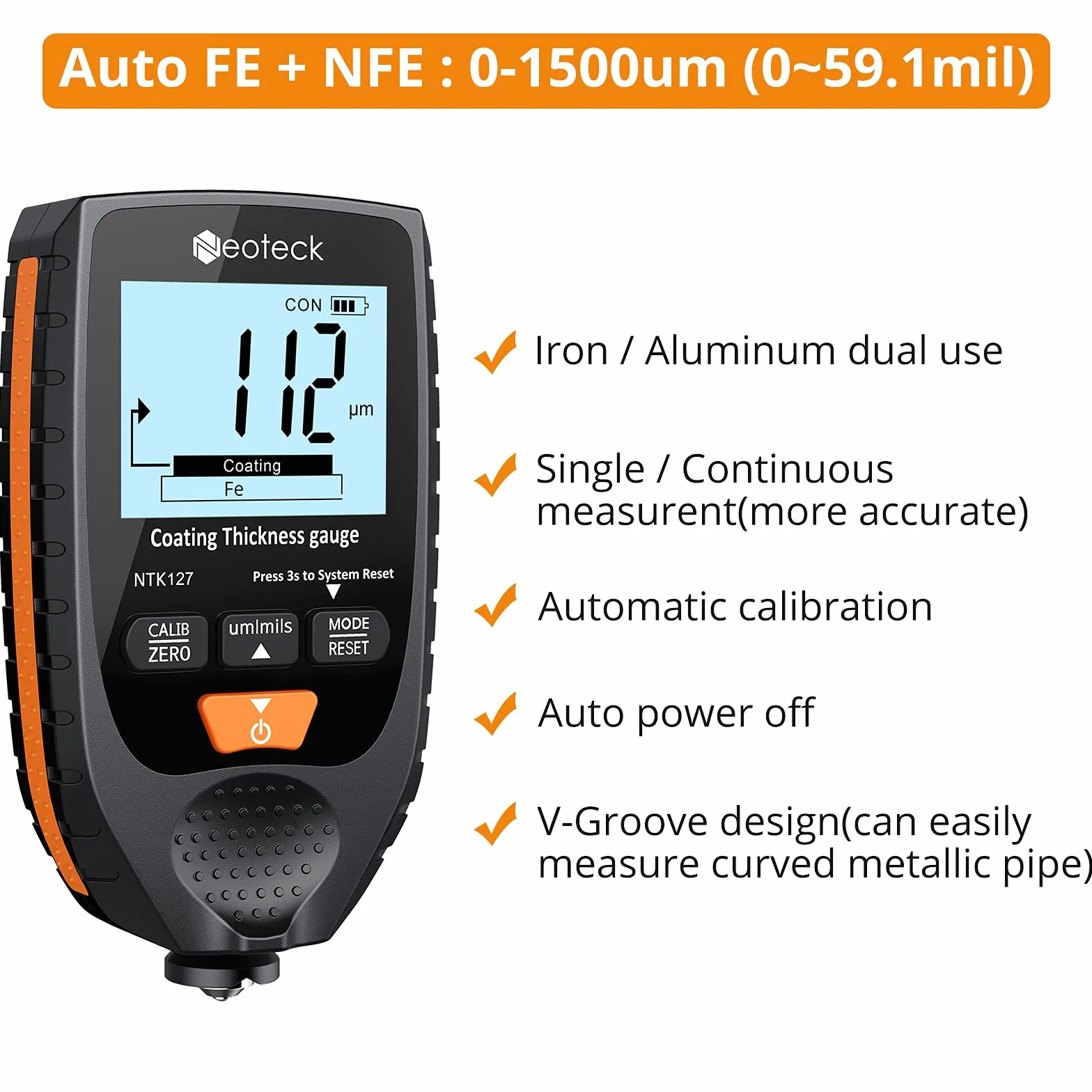 Neoteck Spessimetro per Vernice Auto Digitale 0-1500um Handheld LCD Misuratore di Spessore del Rivestimento Set Tester di Spessore della Vernice per Auto di Metallo Sonda Fe NFe - Arancione
