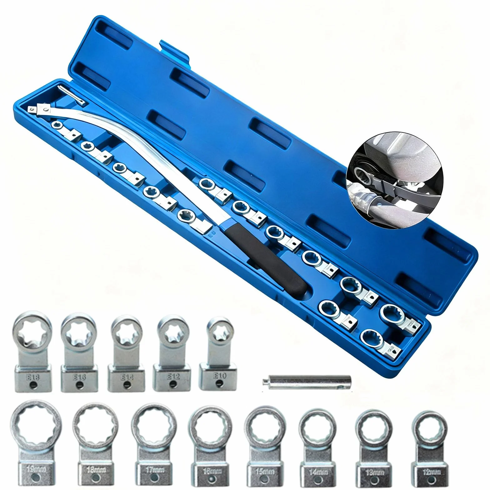 Set Chiavi a Rulli di Tensione 15 Pezzi Kit Chiavi Inglesi con Connettori Tipo-E E18/E16/E14/E12/E10 e Connettori a Fiore di Prugna 19-12 mm