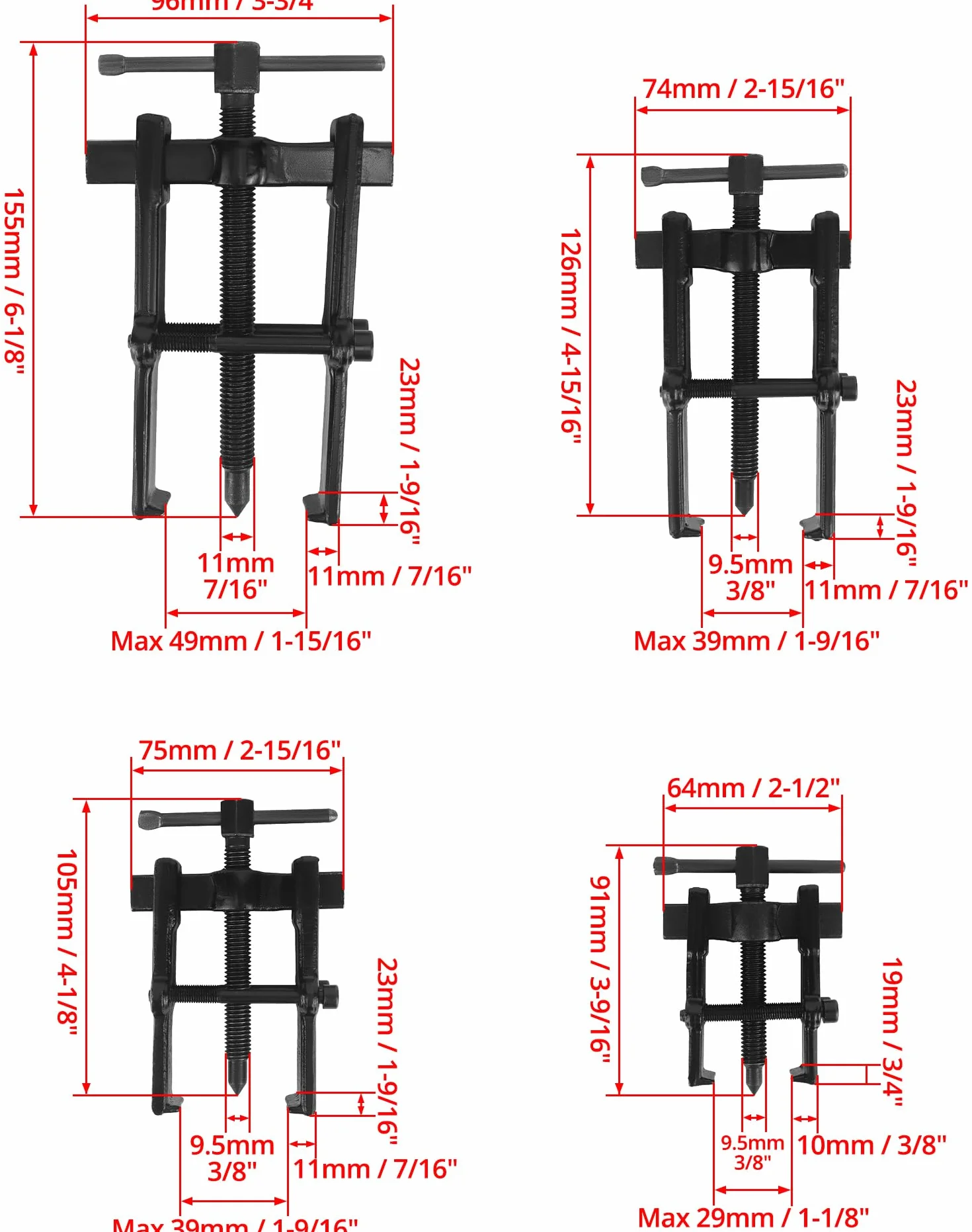 QWORK® 4 Pezzi estrattore per Cuscinetti da 2/3/4/6 Pollici, estrattore per Ingranaggi con Cuscinetti a Due Ganasce, estrattore per Cuscinetti a Sfera, per la rimozione della Ruota