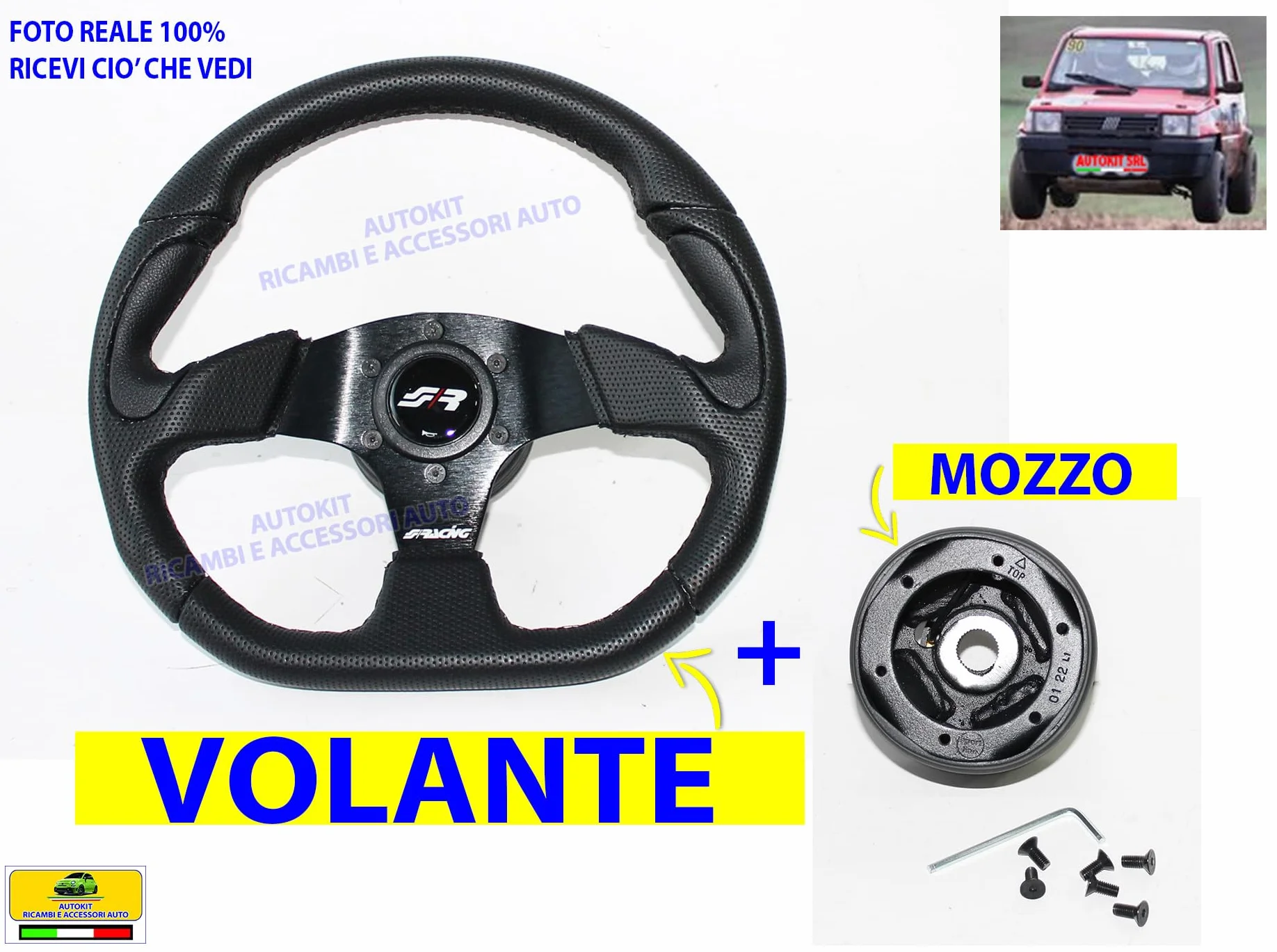 Volante Sterzo Manubrio Completo di Mozzo Specifico COMPATIBILE con tutte le Panda modello 141-141A senza aribag prodotte dal 1986 al 2003 - X2330PUN/P+ C/5018S