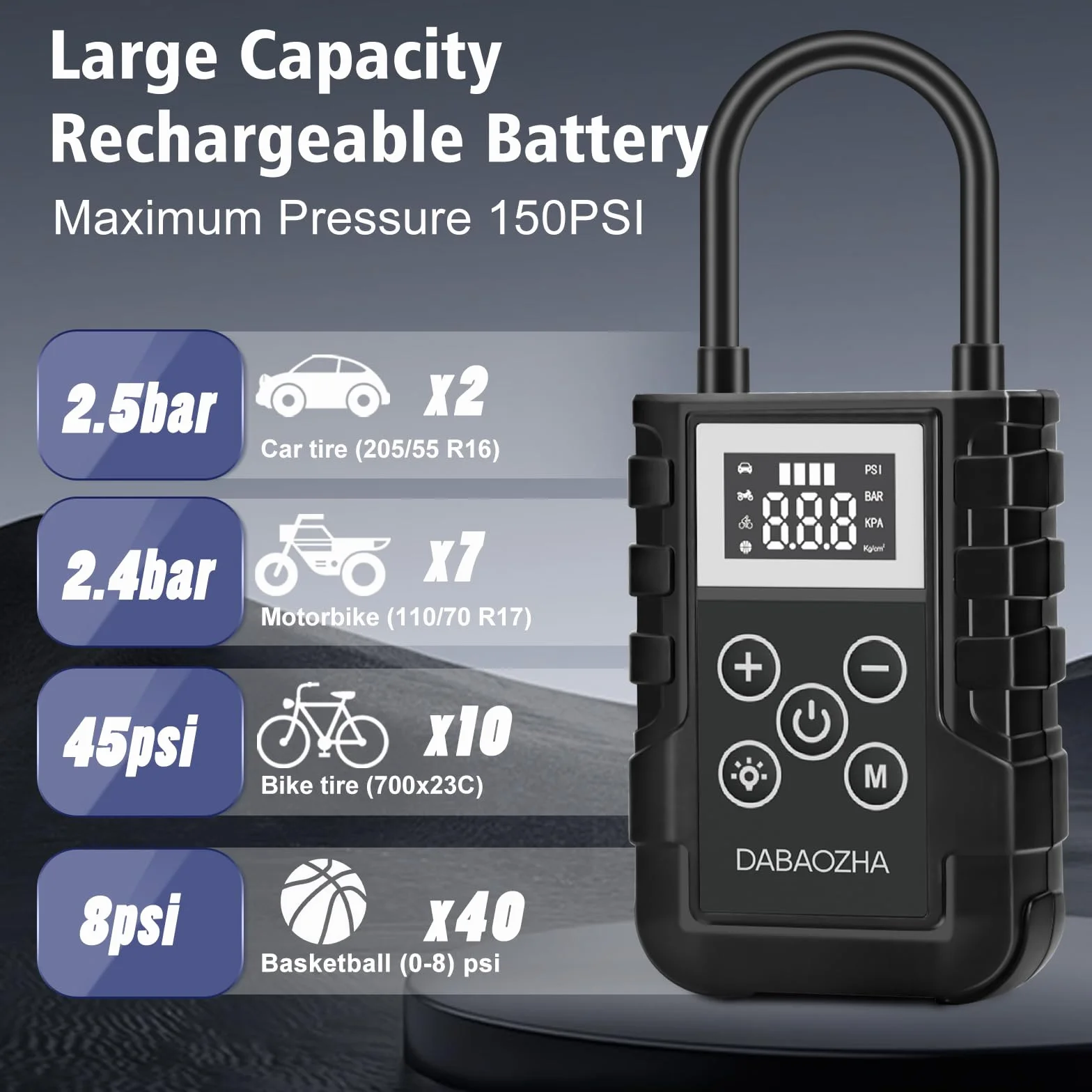 Compressore Aria Portatile 150PSI 4 Modalità Mini Compressore Lampada LED Pompa Aria Auto Bici Moto Nero