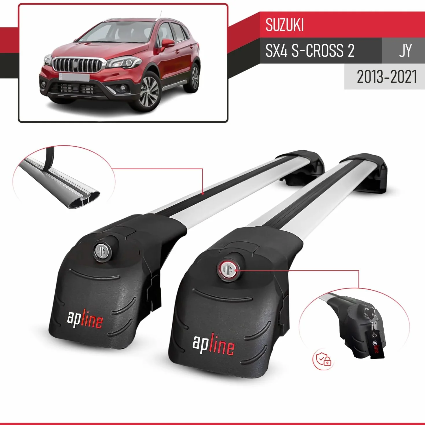 Compatibile con Suzuki SX4 S-Cross 2 (JY) 2013-2021 Modello ACE-2 Barre Tetto Portapacchi Auto Barre Portatutto Grigio Alluminio 2 Barre