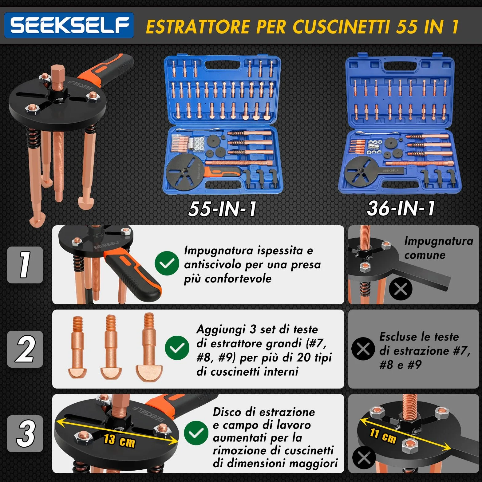 Kit estrattore per cuscinetti 55 in 1, set estrattori fori ciechi, rimozione cuscinetti interni ed esterni