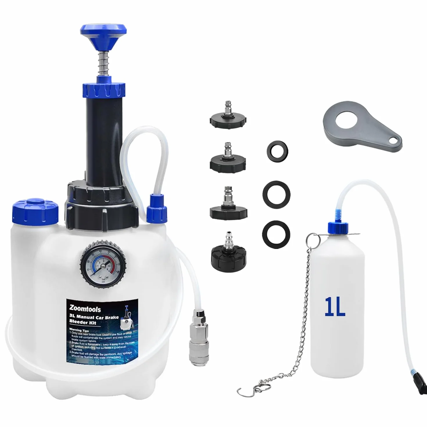 Kit di spurgo Freni Manuale 3L per Auto, Cambio Liquido Freni con Serbatoio Raccolta 1L, 4 Adattatori