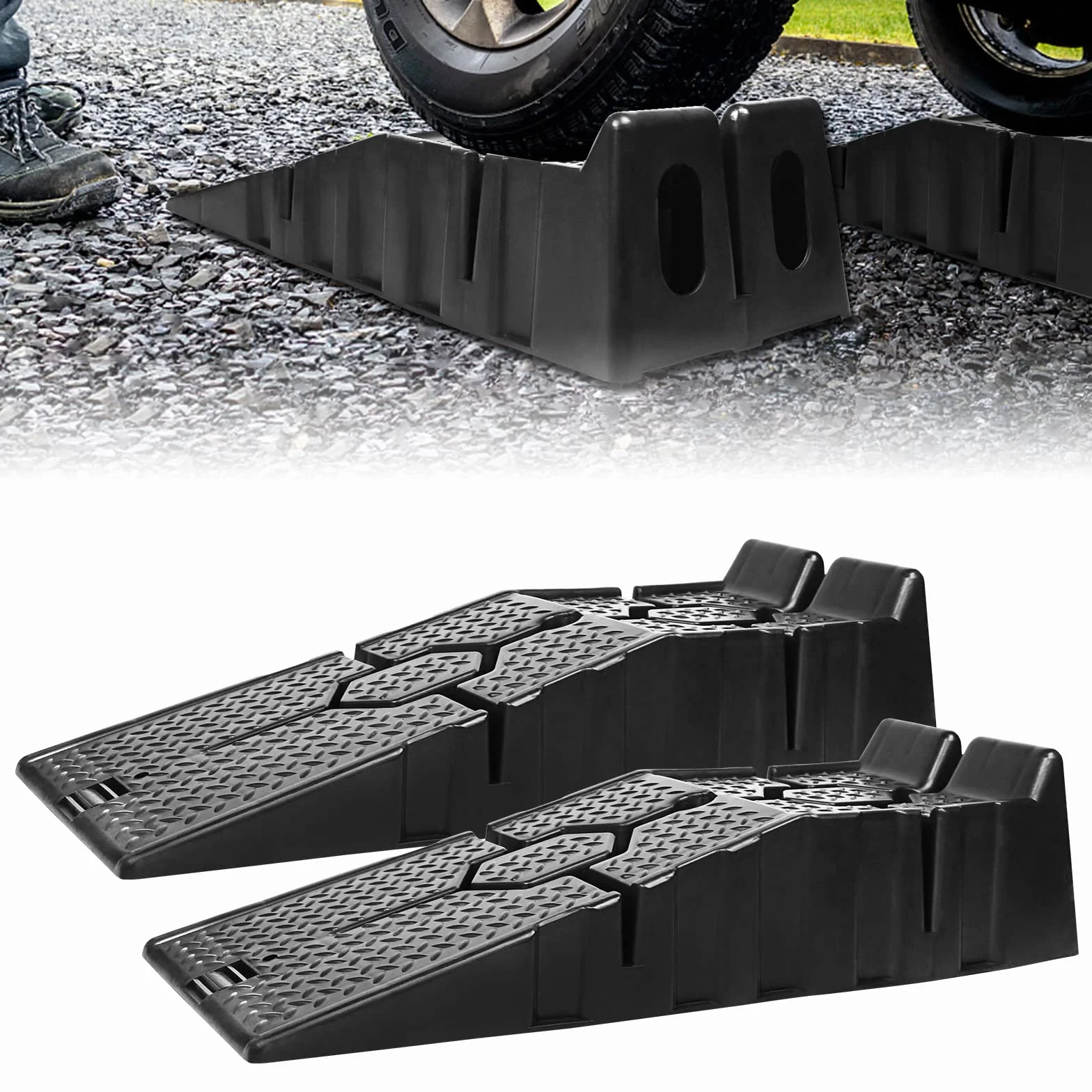 Aufun Set di 2 Rampe di carico in plastica nere, rampa per carichi pesanti fino a 2500 kg, larghezza fino a 330 mm, Rampa carrabile per marciapiede, con protezione antiribaltamento