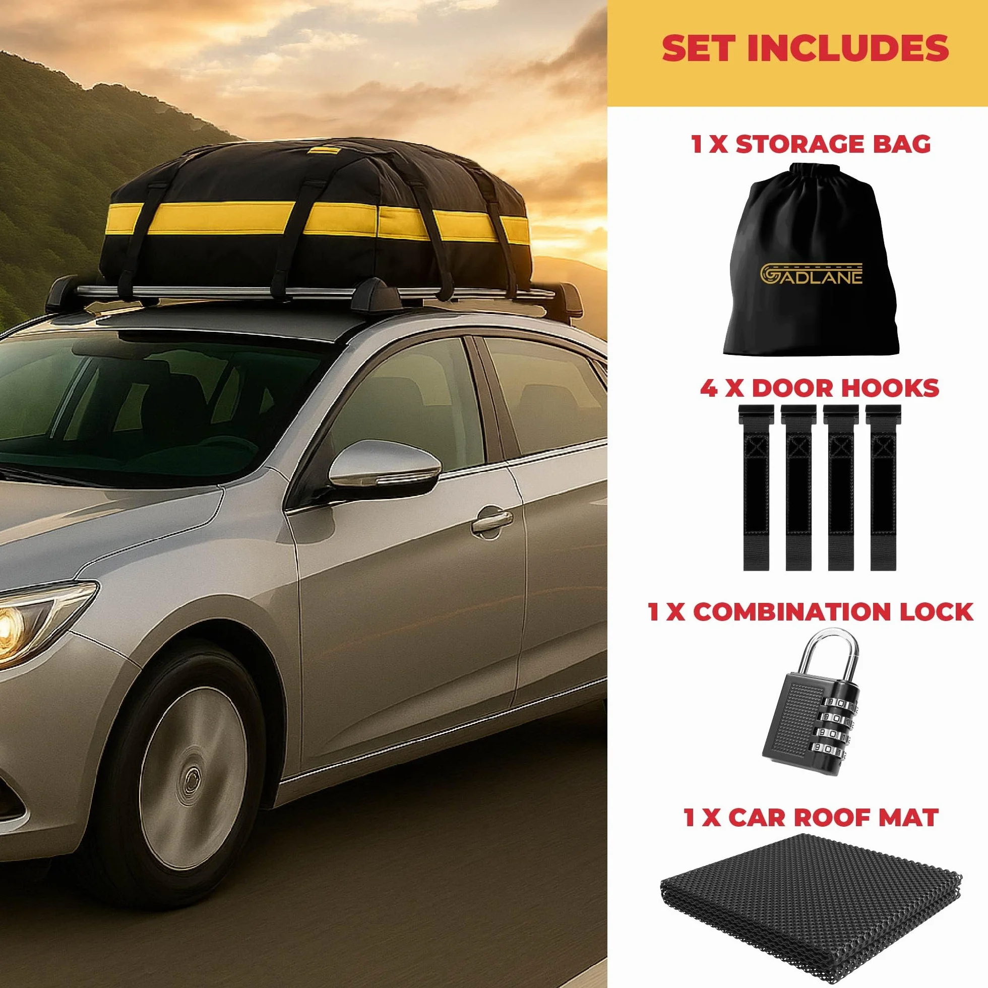 GADLANE Borsa da Tetto per Auto - 425L Box da Tetto Impermeabile per Auto con/senza Portapacchi, con Tappetino Antiscivolo, 4 Cinghie Robuste, Lucchetto a Combinazione, Borsa Portaoggetti (Gialla)