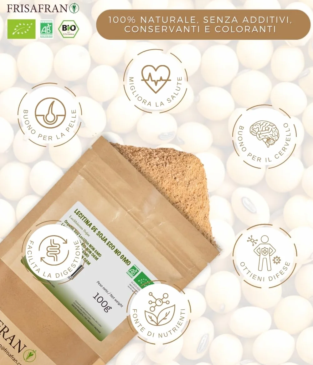 Lecitina di soia in polvere Bio 200g FRISAFRAN Non OGM Senza glutine Vegano