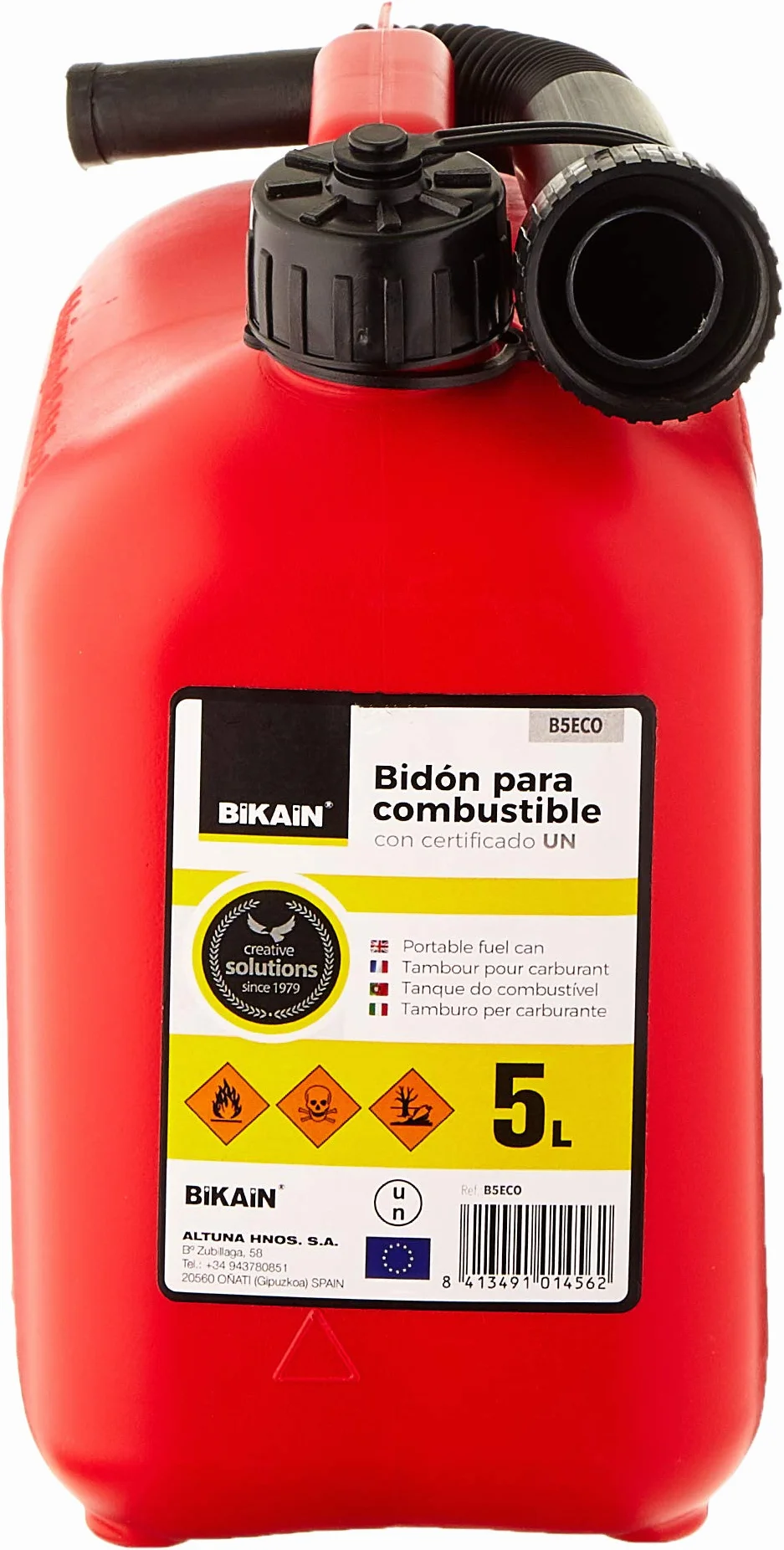 Tanica Benzina - 5 Litri - Realizzata in Polietilene - Taniche Carburante Resistente agli Additivi dei Combustibili - con Tubo Flessibile - Certificata Un - Modello B5ECO - Bikain