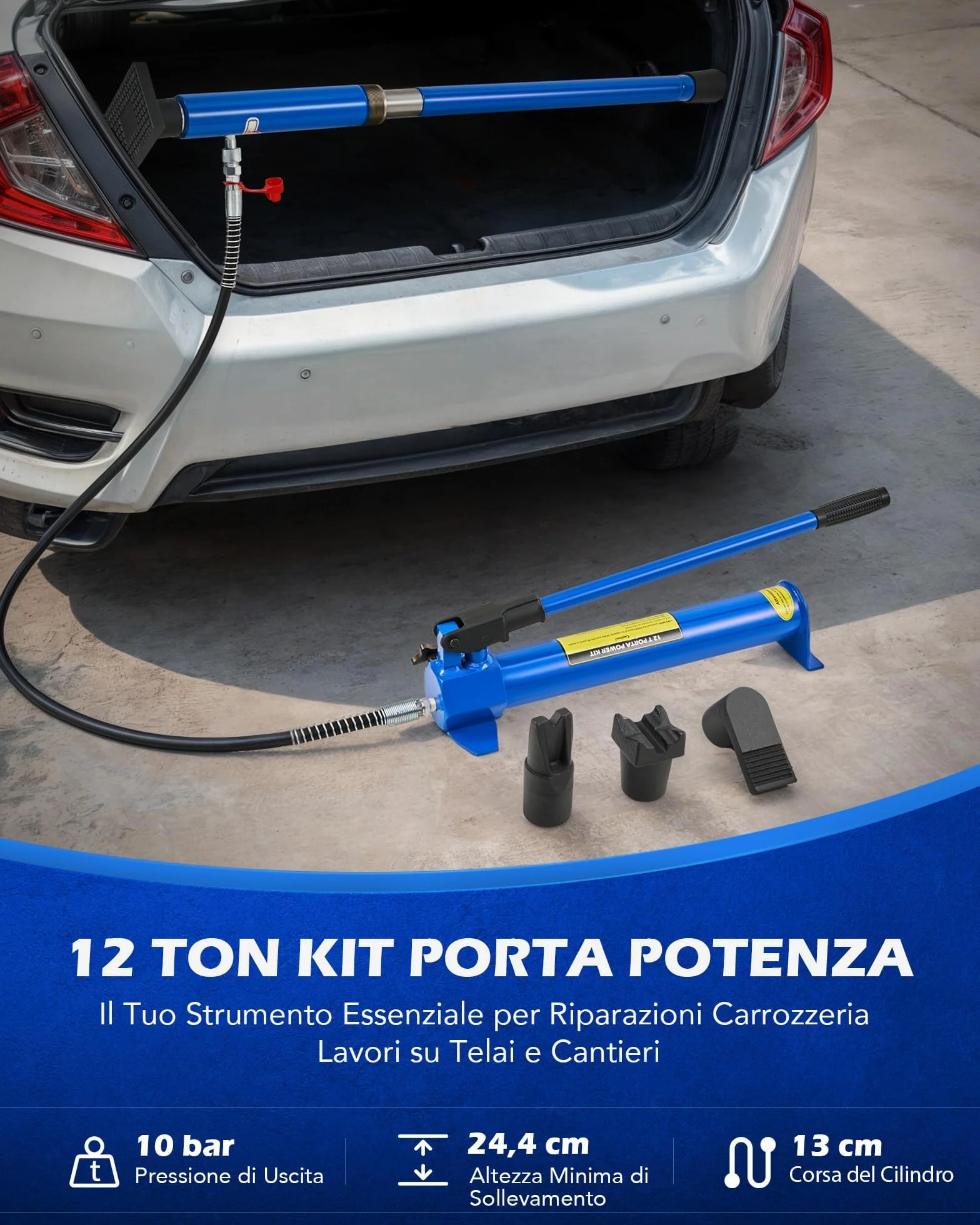 Orion Motor Tech 12T Martinetto Idraulico per Carrozzeria Kit Martinetto Idraulico Portatile per Riparazione del Telaio Auto Corsa 130 mm con Tubo dell'Olio da 1,4 m e Custodia per Riparazione Auto