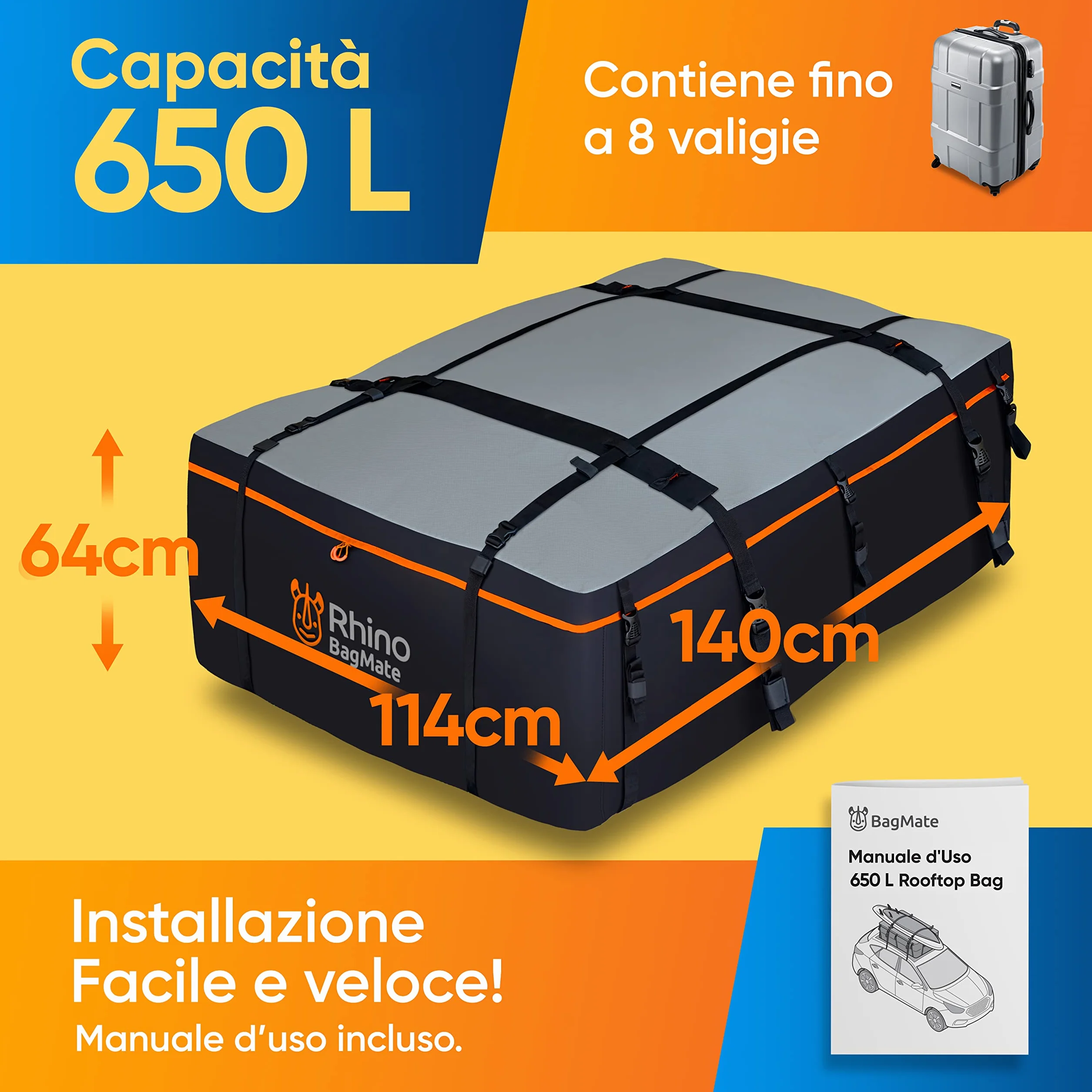 Borsa Da Tetto Per Auto XXL 650L, Universale Per Auto Con Tetto, Box Morbido 100% Impermeabile Con Protezione Uv, Molto Resistente E Sicuro Per Auto Con O Senza Portapacchi