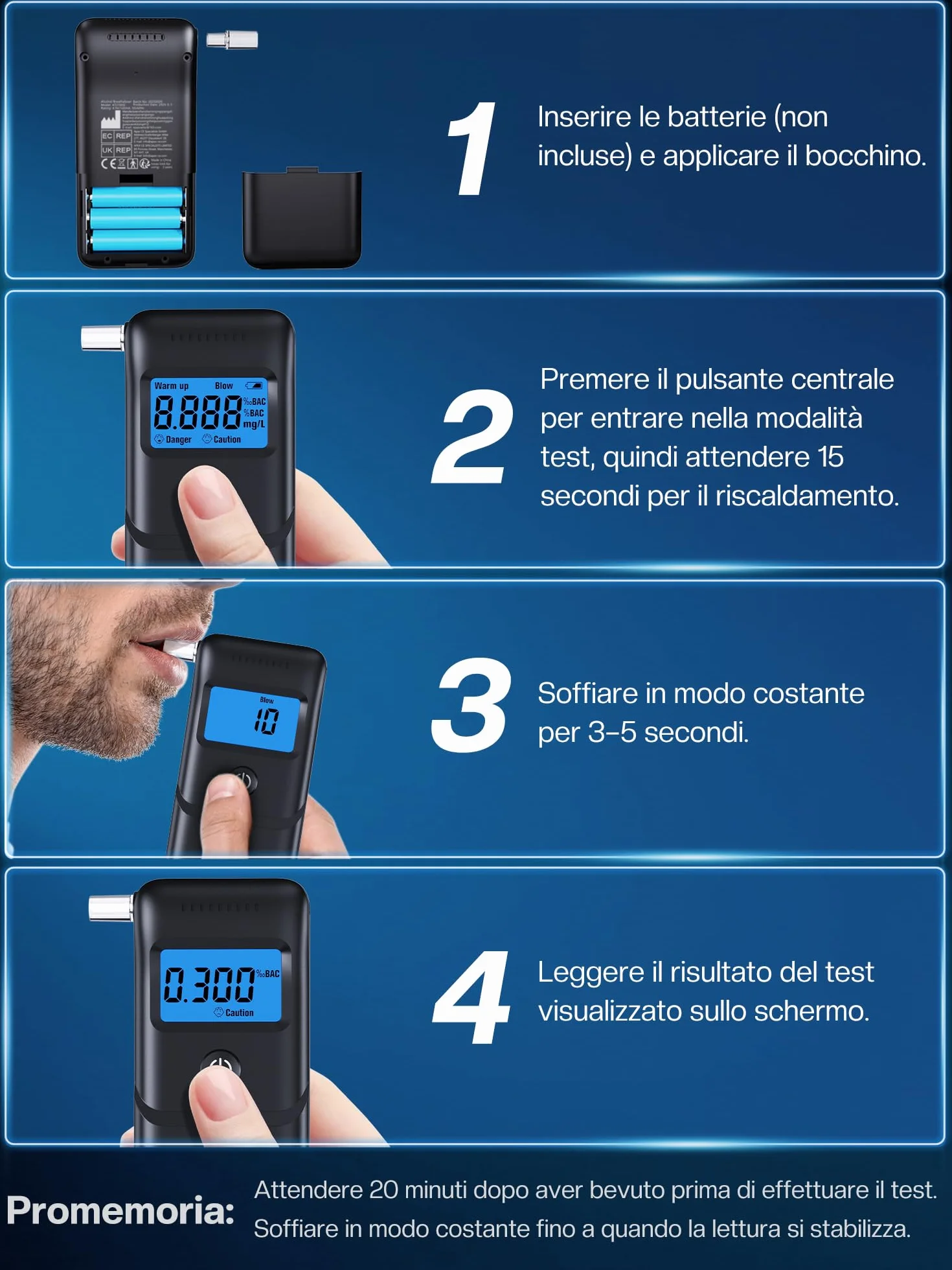 Etilometro Portatile Certificato Alcol Test con Sensore Rapido 10 Bocchini Display LCD Blu Nero