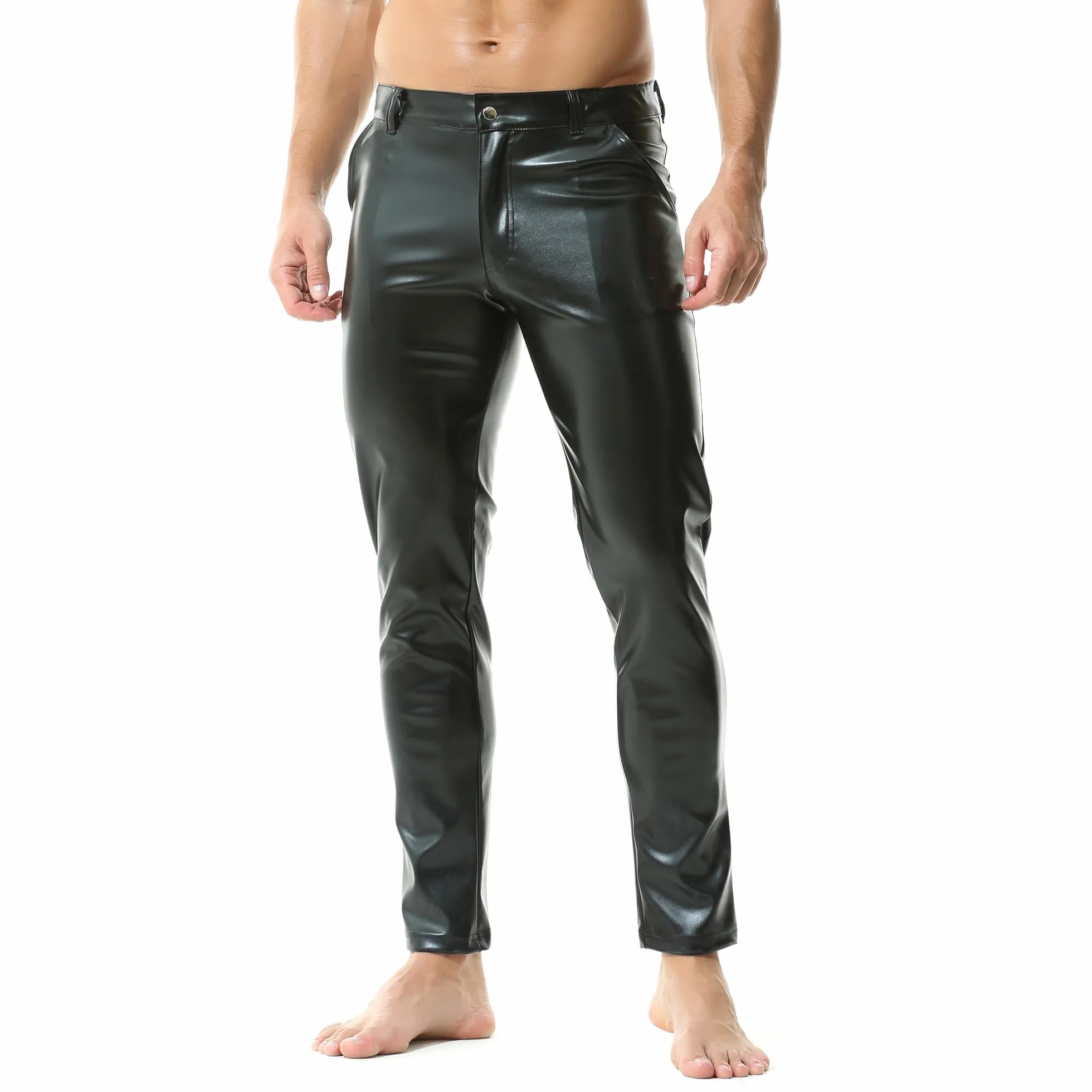 YUFEIDA Leggings da uomo PU ecopelle look bagnato pantaloni lunghi con chiusura lampo tasche moto cosplay danza, Nero, L