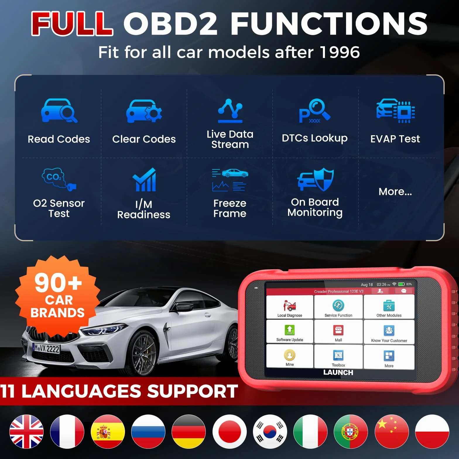 LAUNCH CRP123E V3.0 OBD2 Diagnosi Auto Professionale con 4 Sistemi ABS SRS Motore Trasmissione, 7 Reset CANFD DOIP Aggiornamenti WiFi