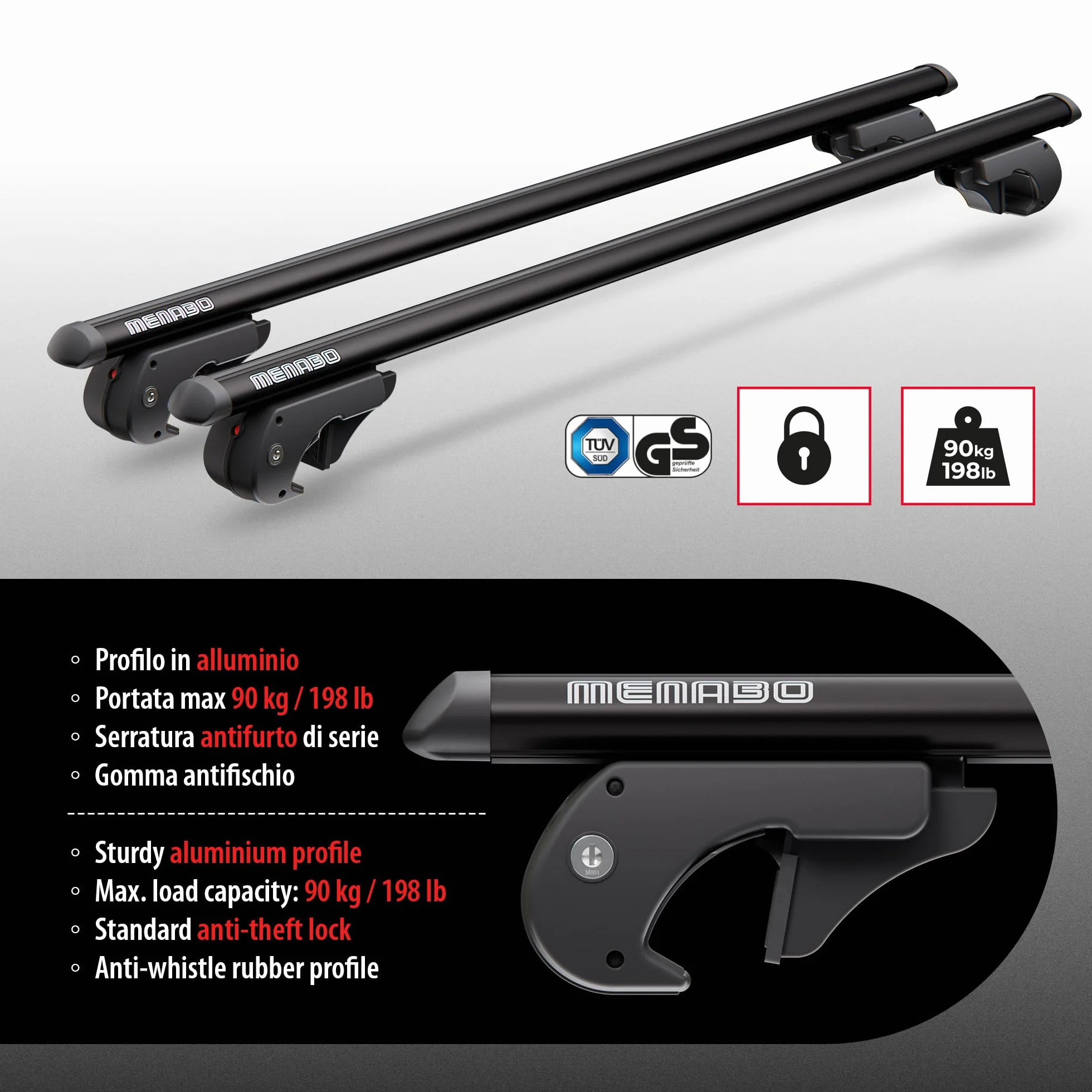 MENABO EAGLE Barre Portatutto da Tetto in Alluminio 120 cm 90 kg T-Slot 14 mm Nero