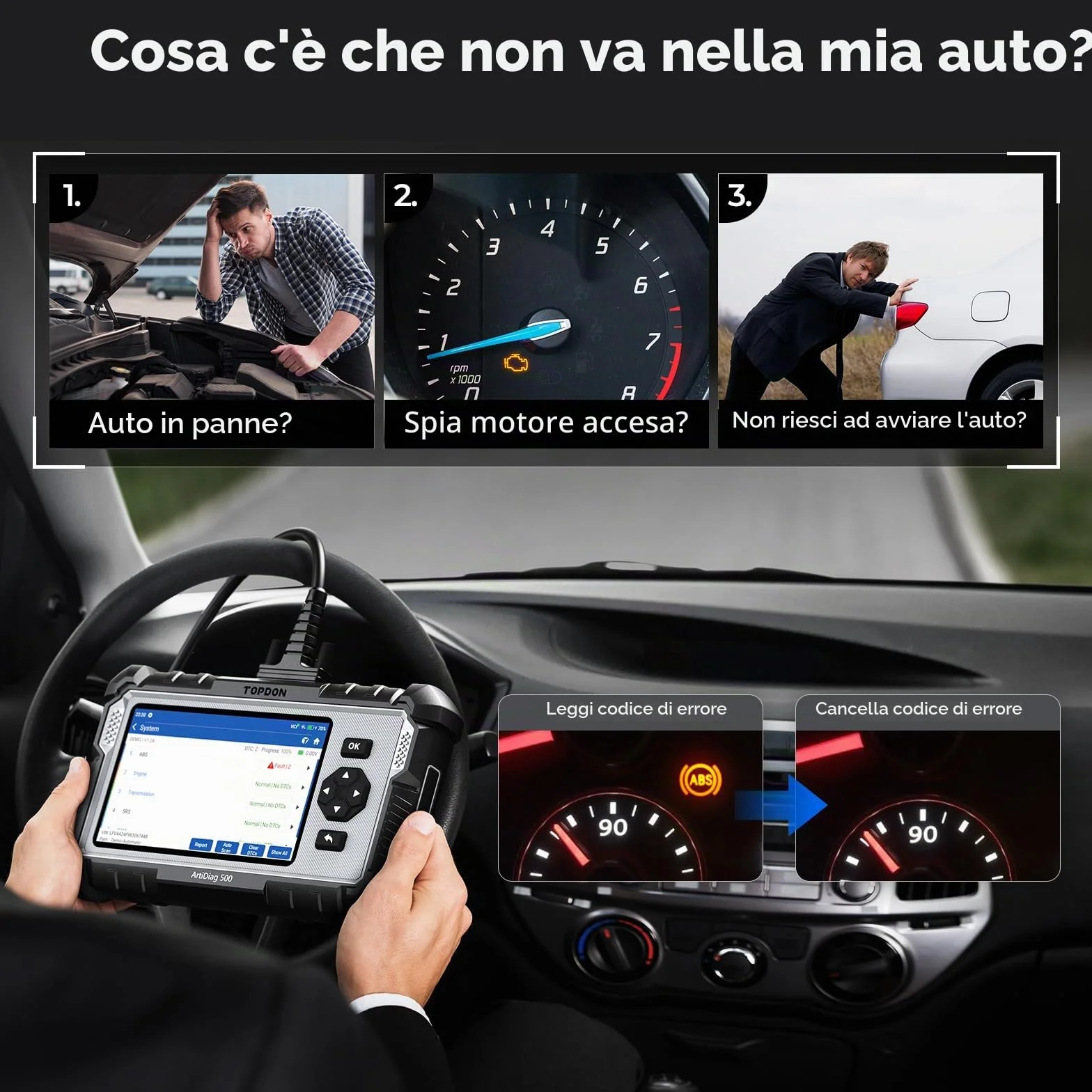 TOPDON AD500 Strumento di diagnostica auto OBD2 6 servizi reset olio SAS TPMS ETS BMS freno