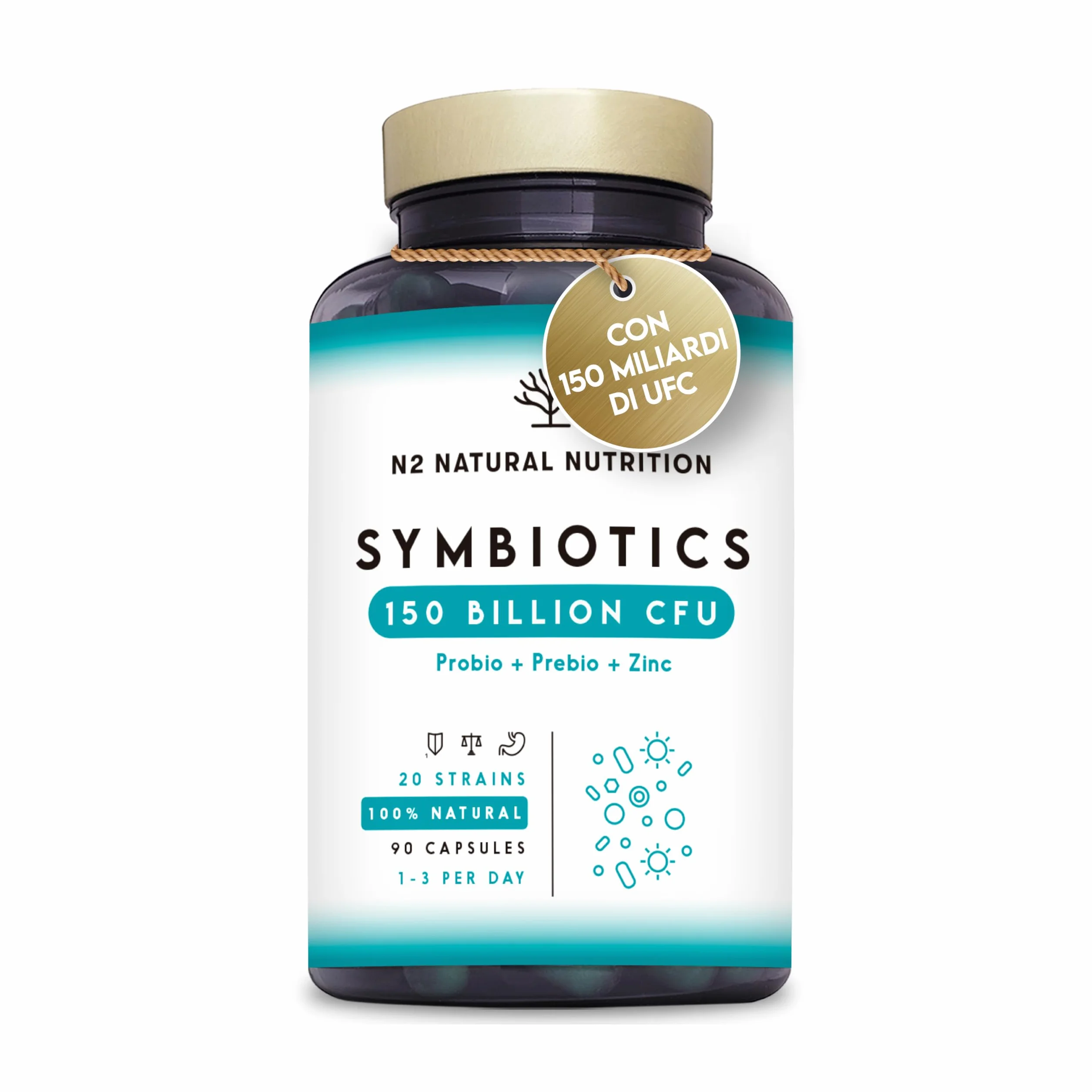 N2 Natural Nutrition Fermenti Lattici Probiotici 150 Miliardi UFC 20 Ceppi 90 Capsule Vegano