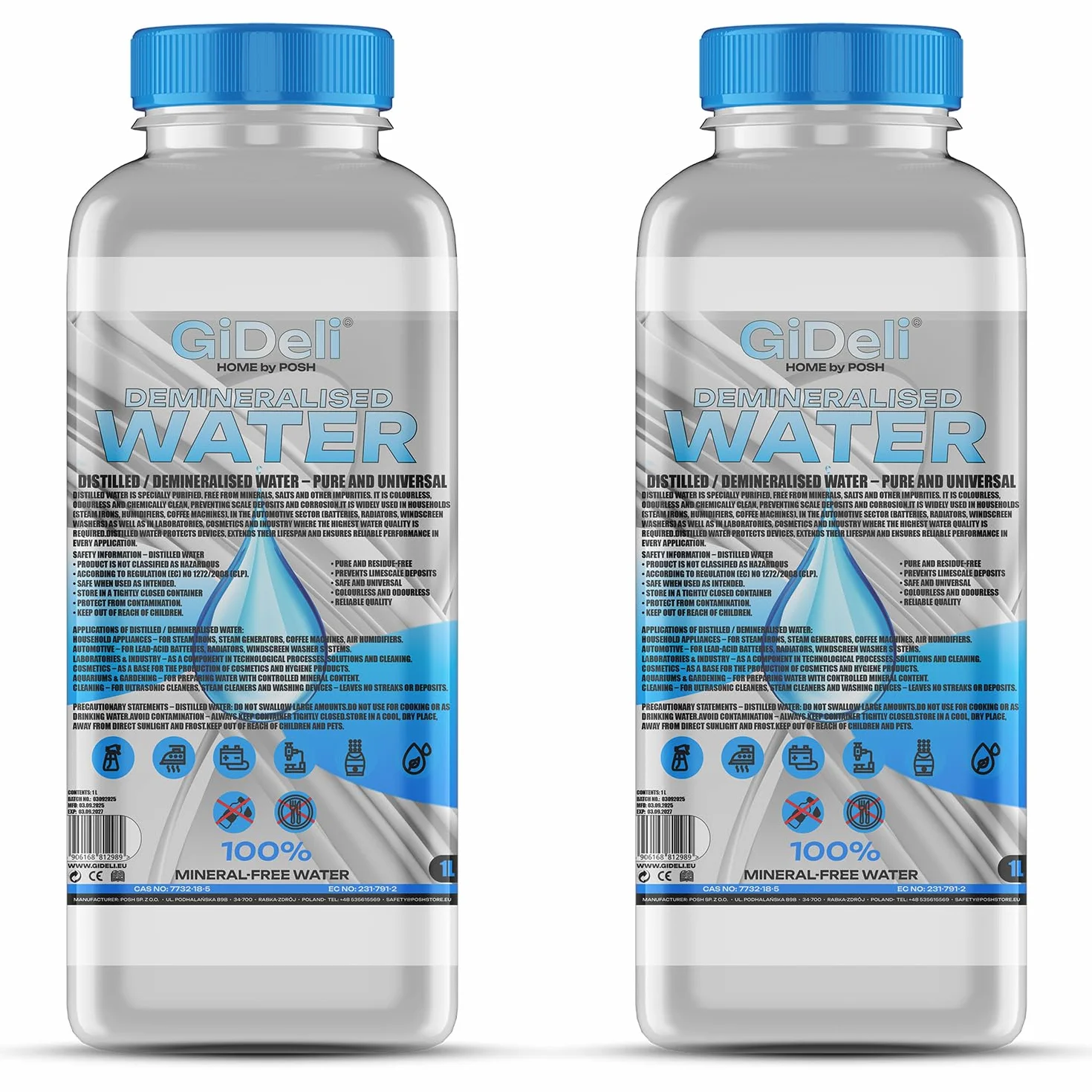 GiDeli Acqua demineralizzata 2x1L distillata per ferro da stiro, batterie, refrigeratore
